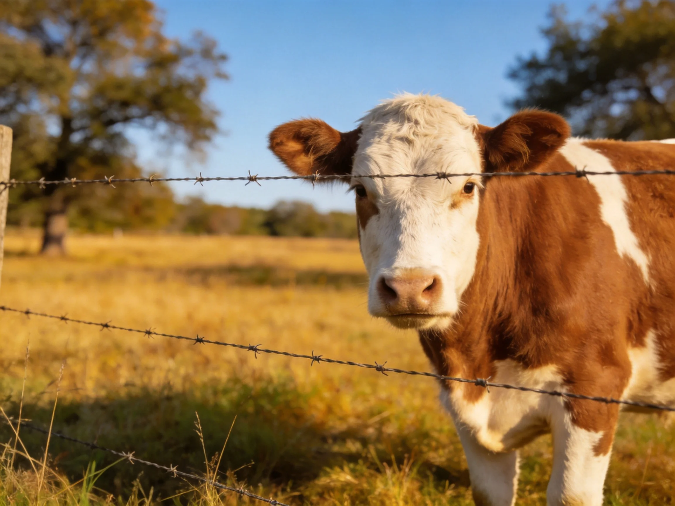 A brown and white cow near barbed wire in a sunlit field