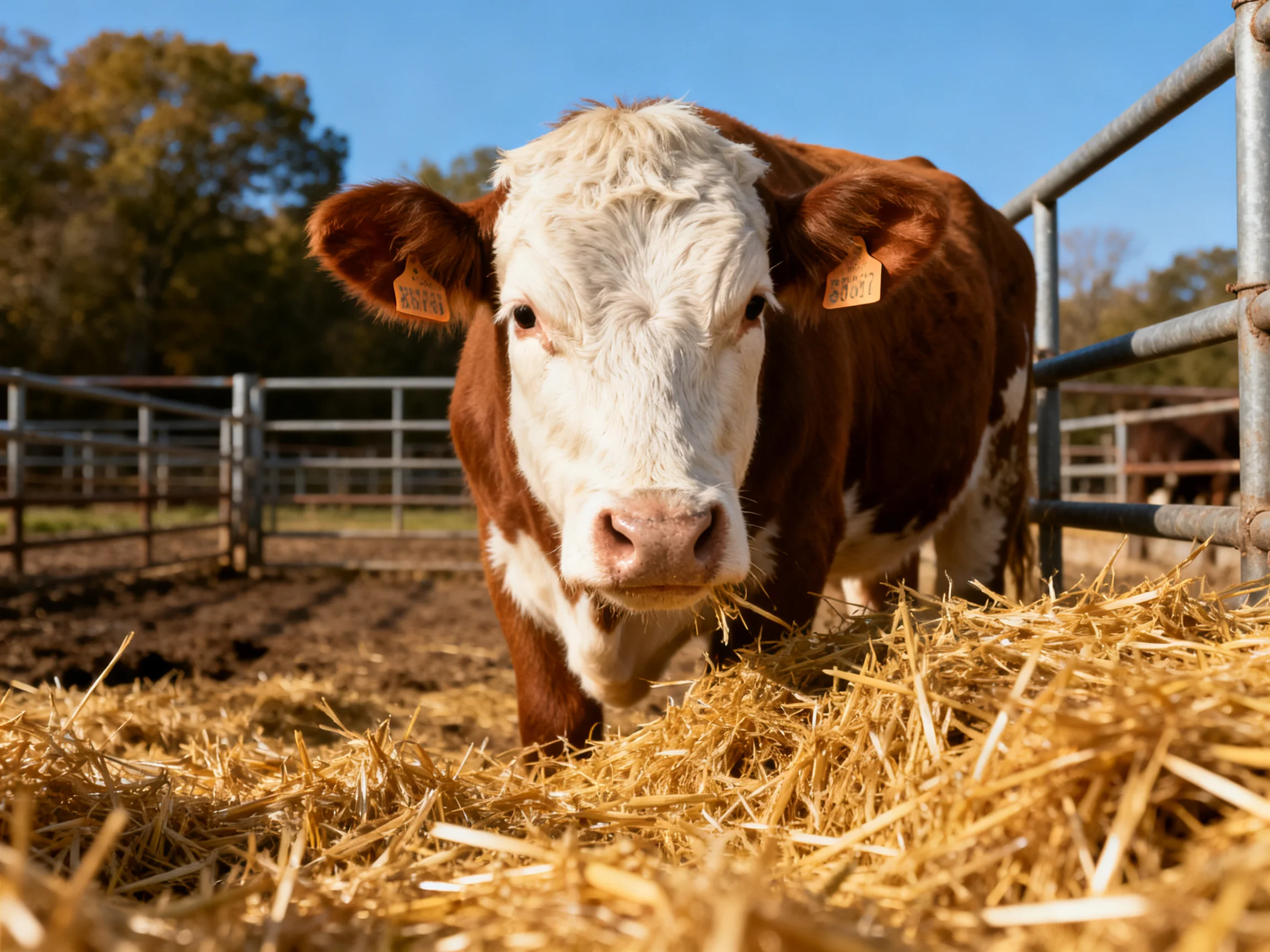 A brown and white cow stands near golden straw in a fenced farm enclosure.