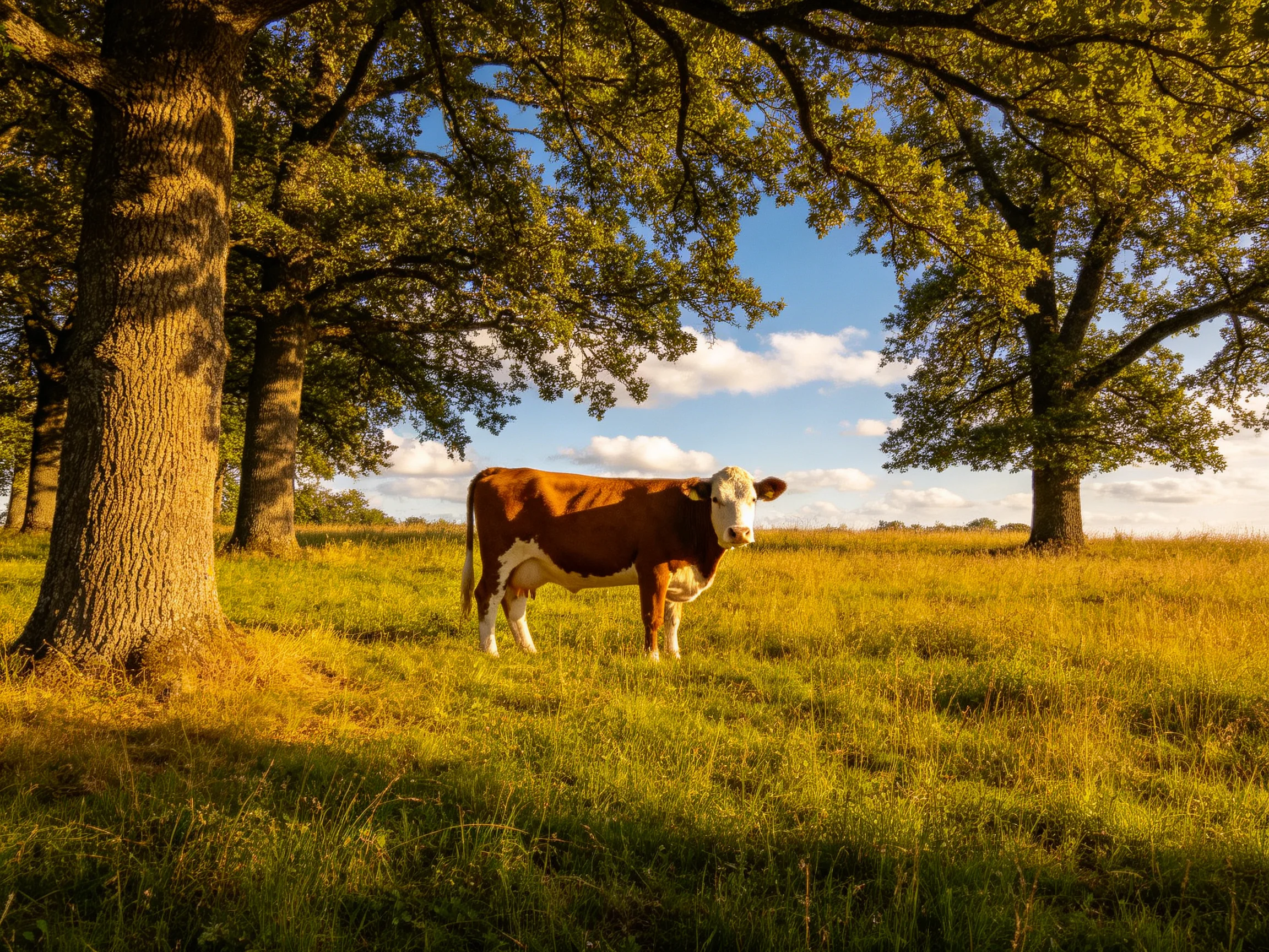 A brown and white cow stands in a sunlit meadow with large oak trees.