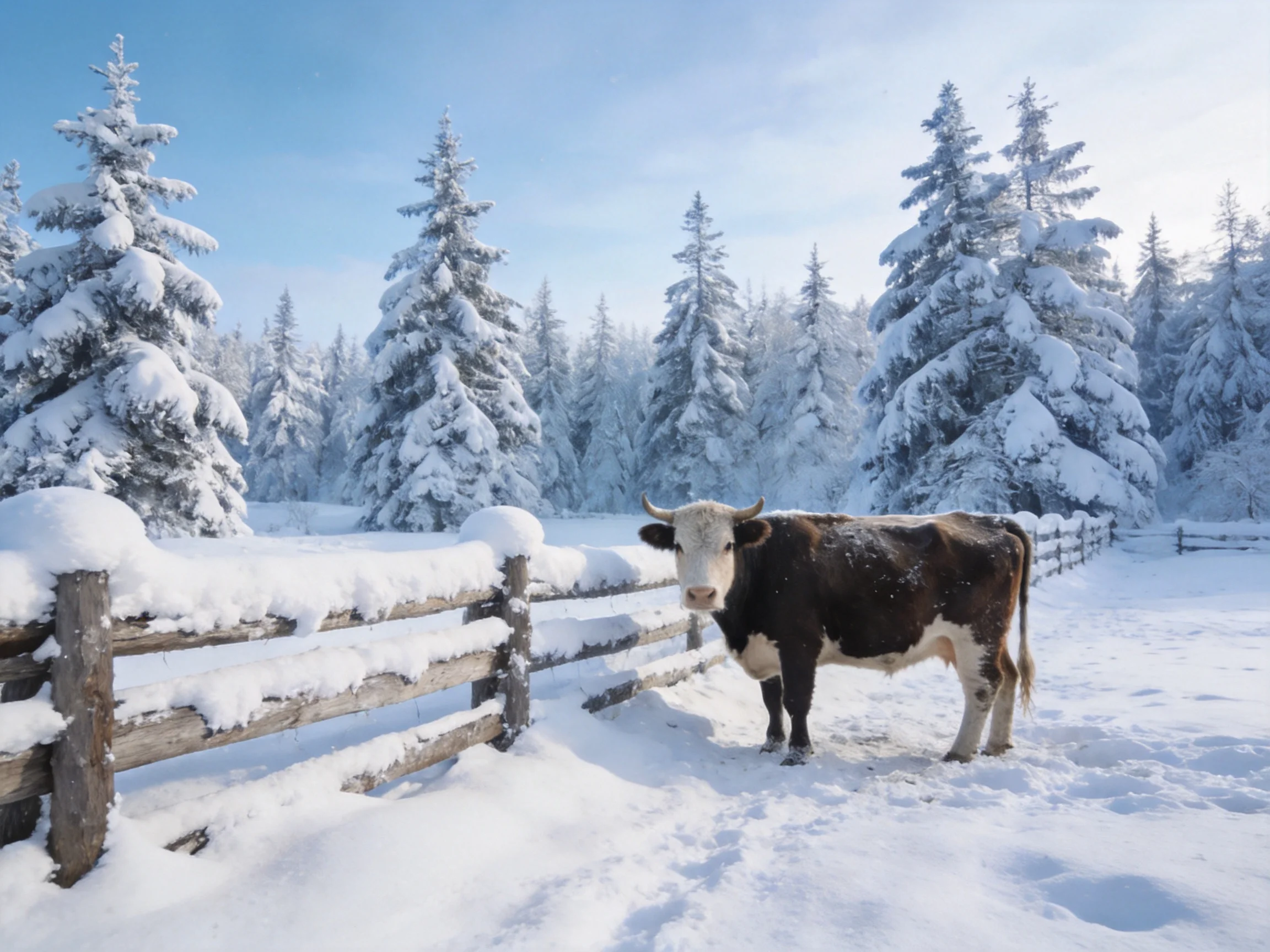 A brown-and-white cow near snow-laden fence and evergreen trees
