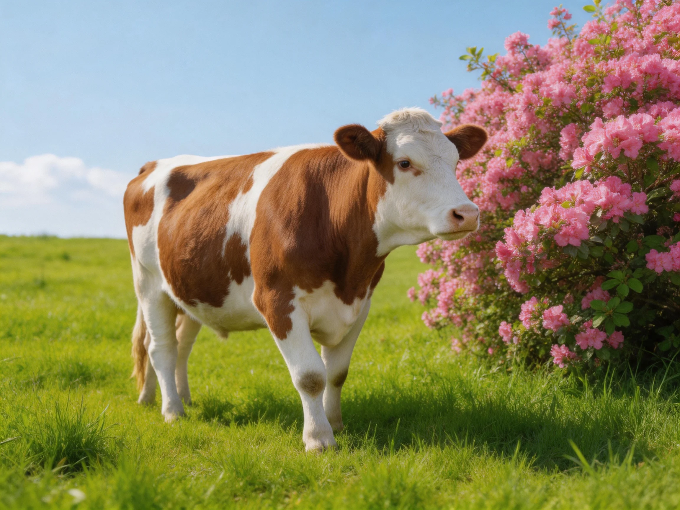 A brown-and-white cow near vibrant pink flowering bushes on lush green grass