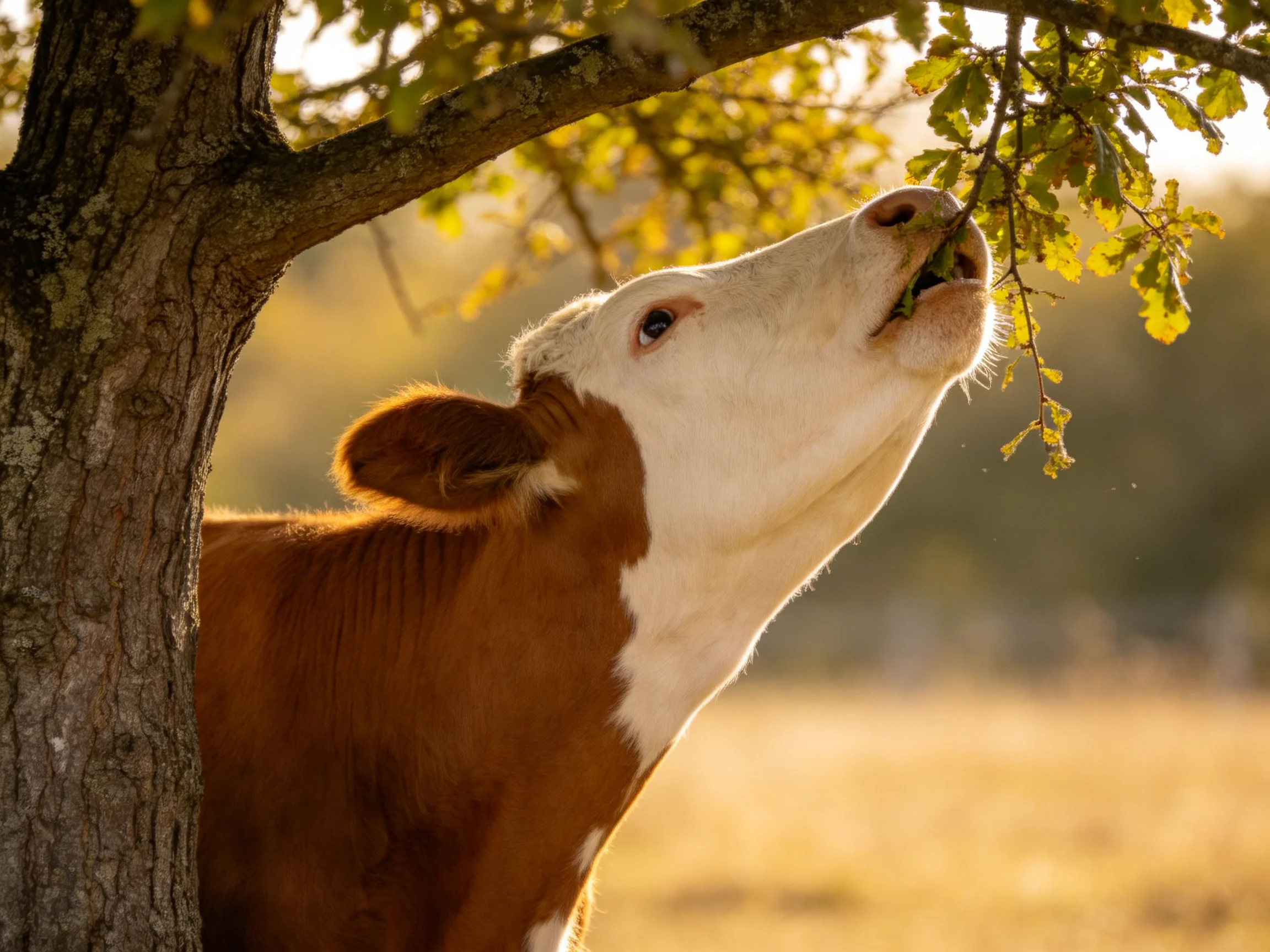 A brown and white cow nibbles leaves from a gnarled tree