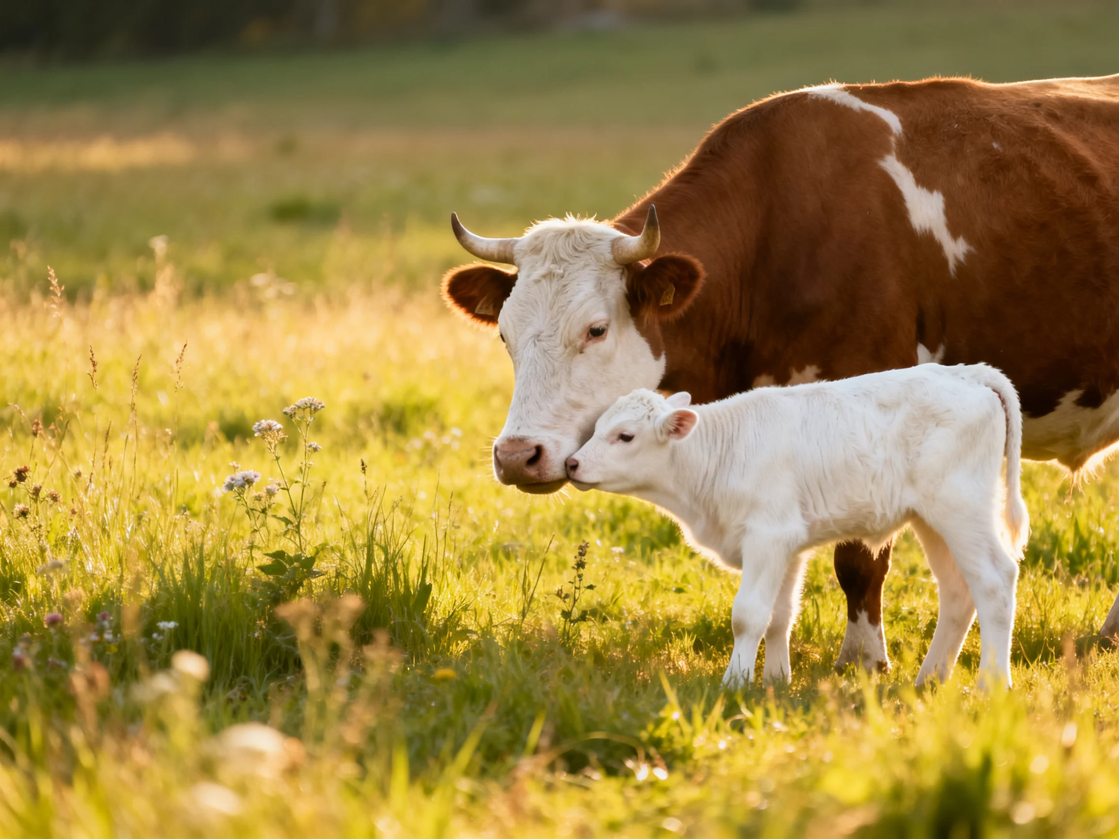 A brown-and-white cow nuzzles a white calf in a sunlit meadow