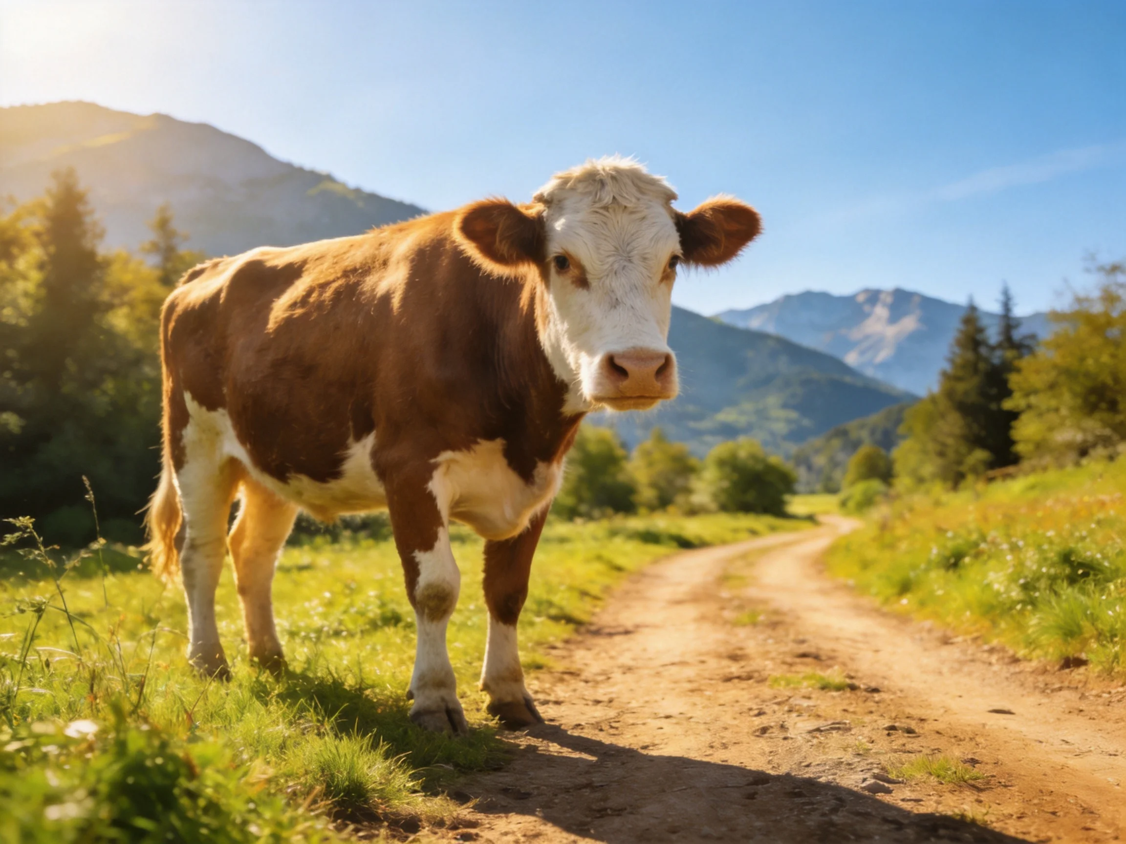 A brown and white cow on a dirt path near forested mountains