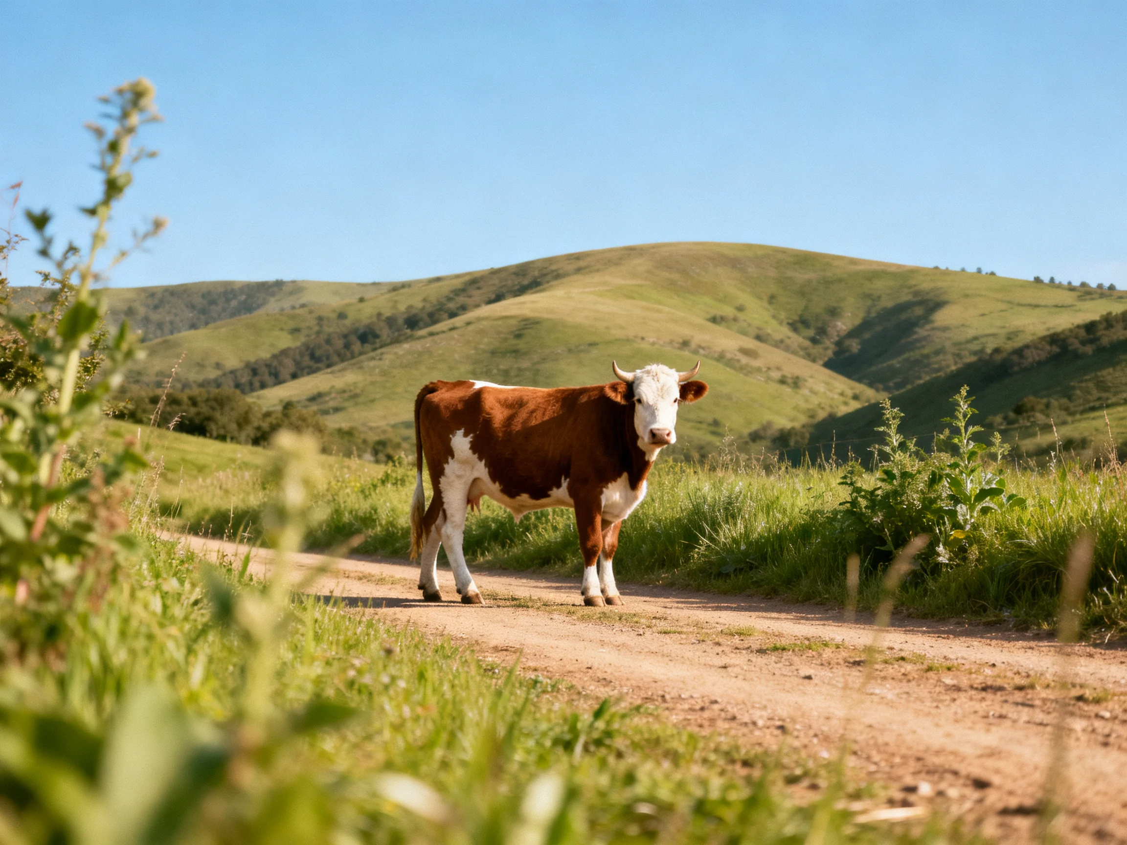 A brown and white cow on a dusty path near rolling green hills