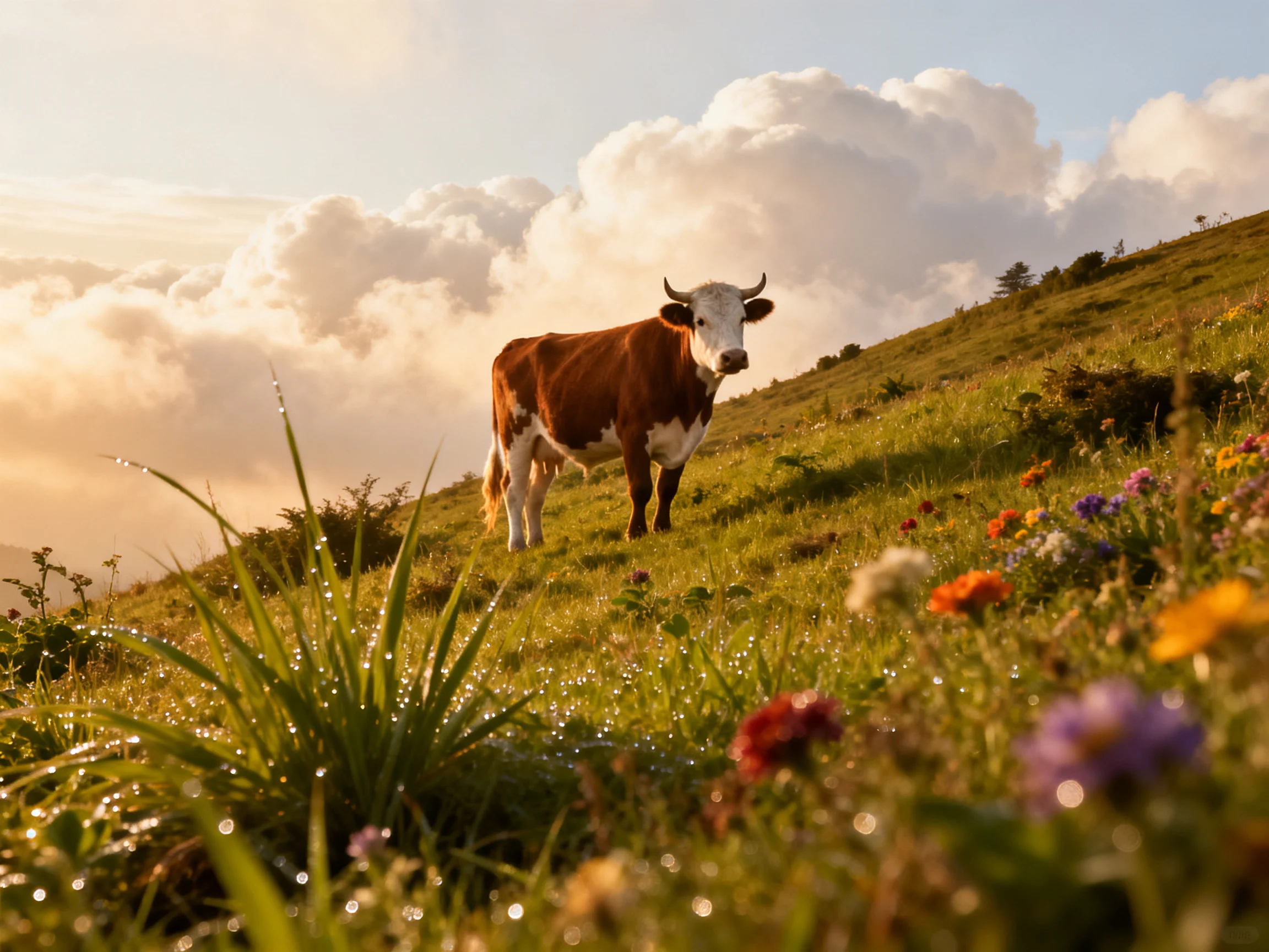 A brown-and-white cow on a flower-dotted green hillside under golden clouds