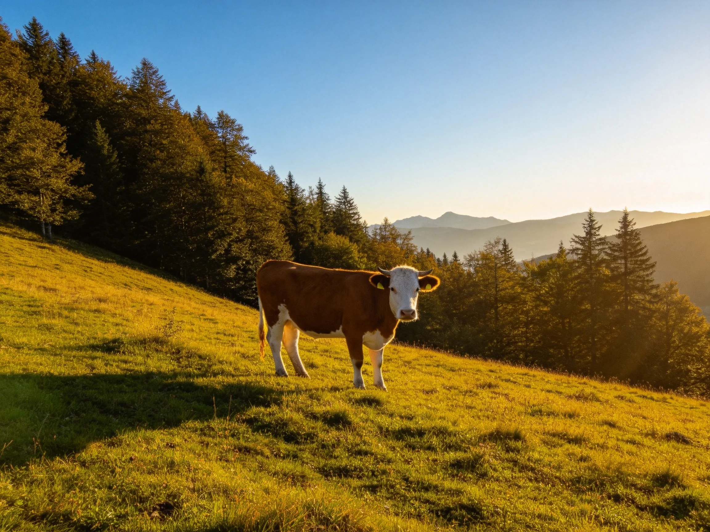 A brown-and-white cow on a golden meadow near forested mountains