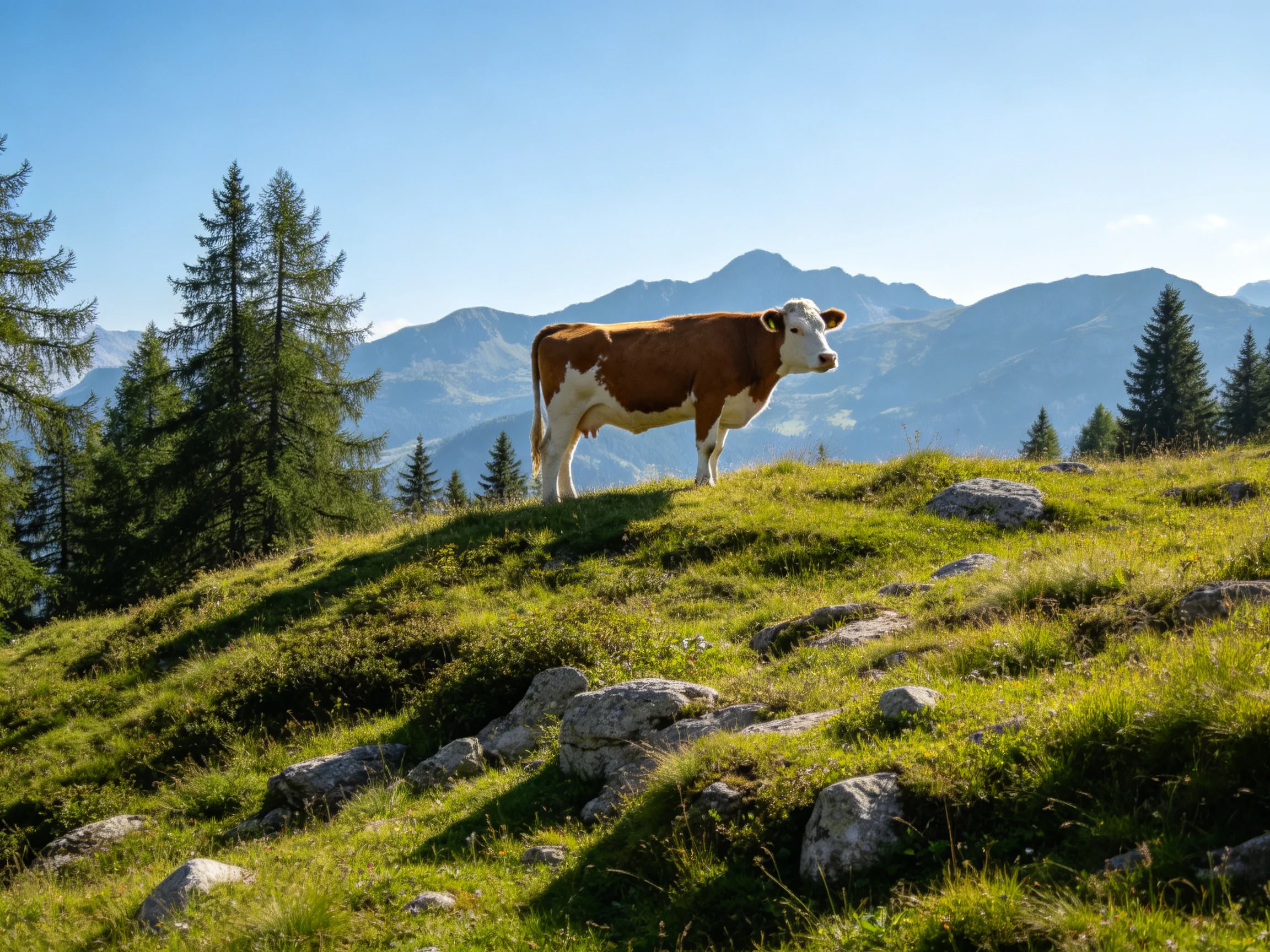 A brown-and-white cow on a grassy hillside with pine trees and distant mountains
