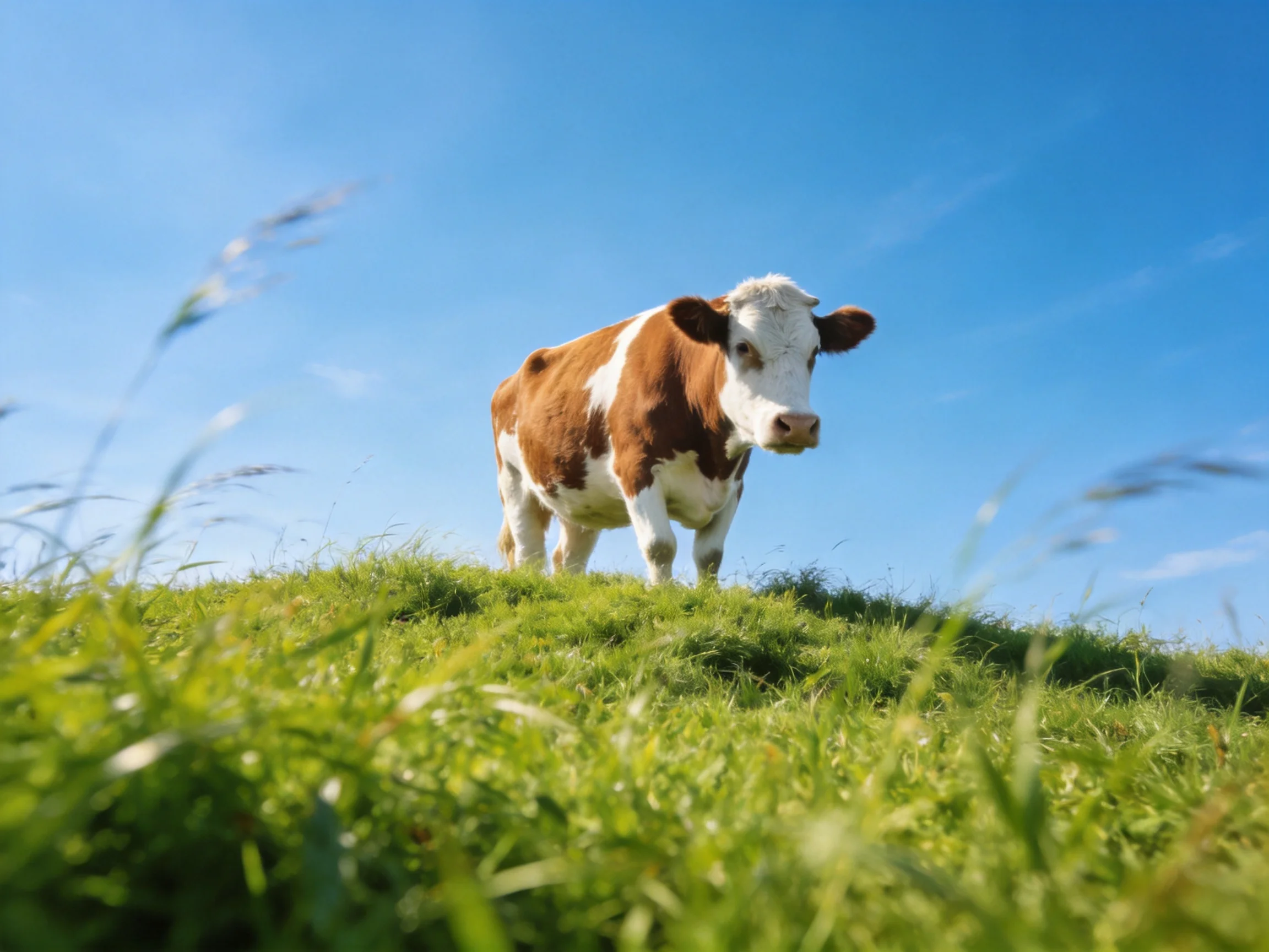 A brown and white cow on a grassy hillunder a clear blue sky
