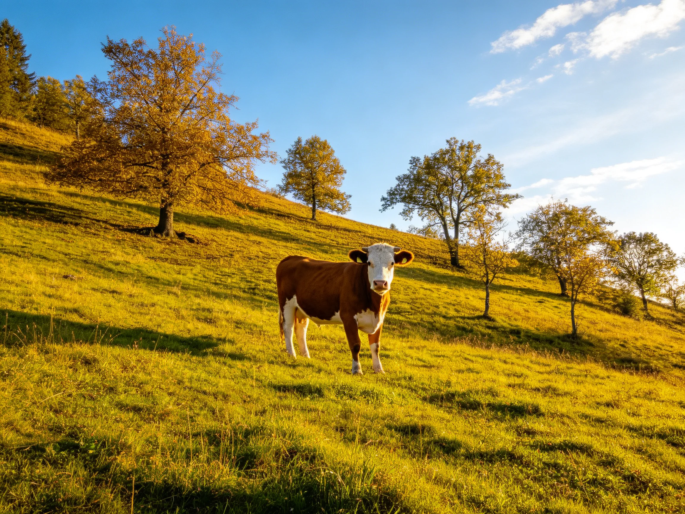 A brown-and-white cow on a sun-drenched grassy hillside with autumn trees