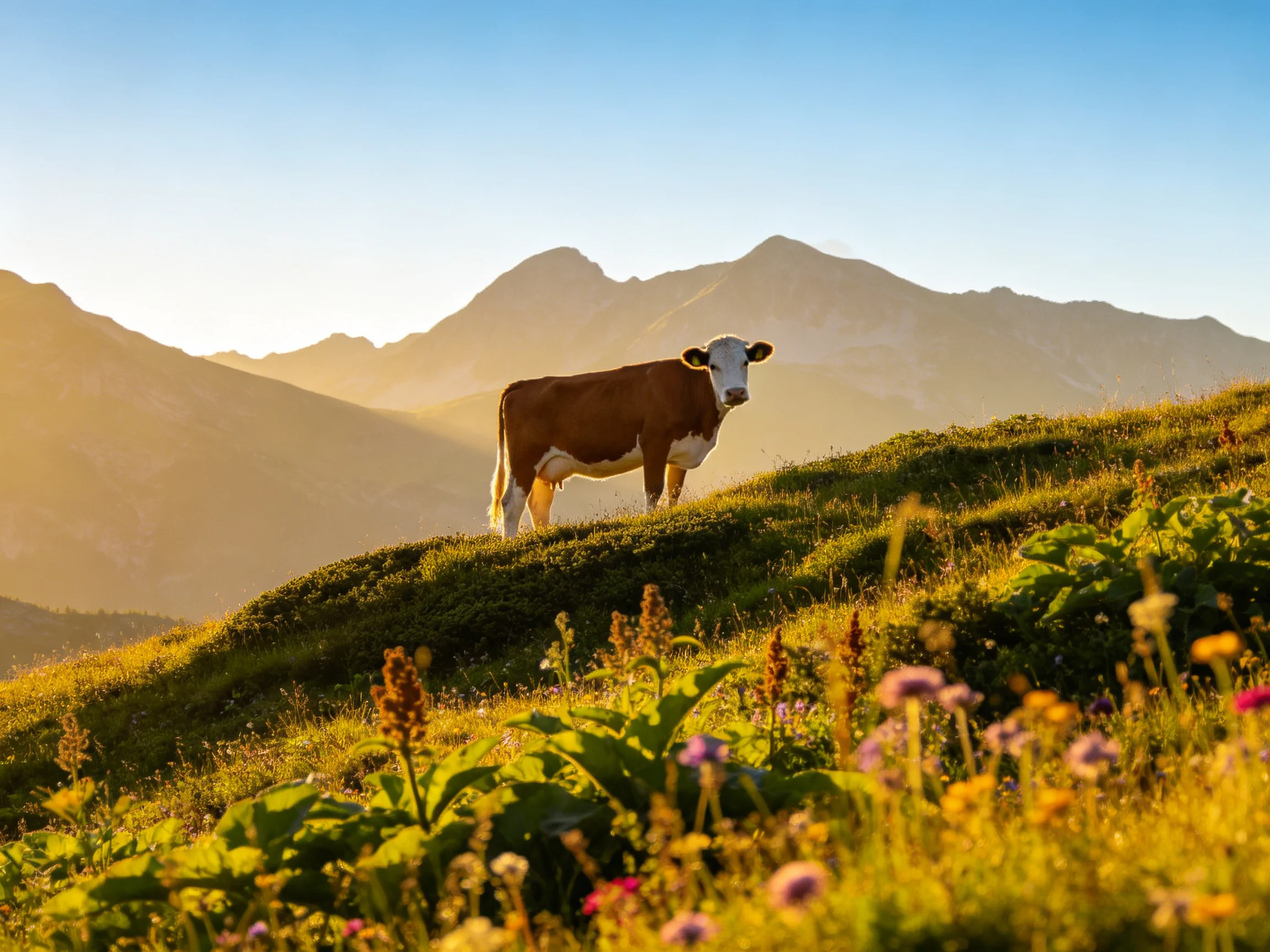 A brown and white cow stands on a sunlit hillside with wildflowers and mountains in the background.