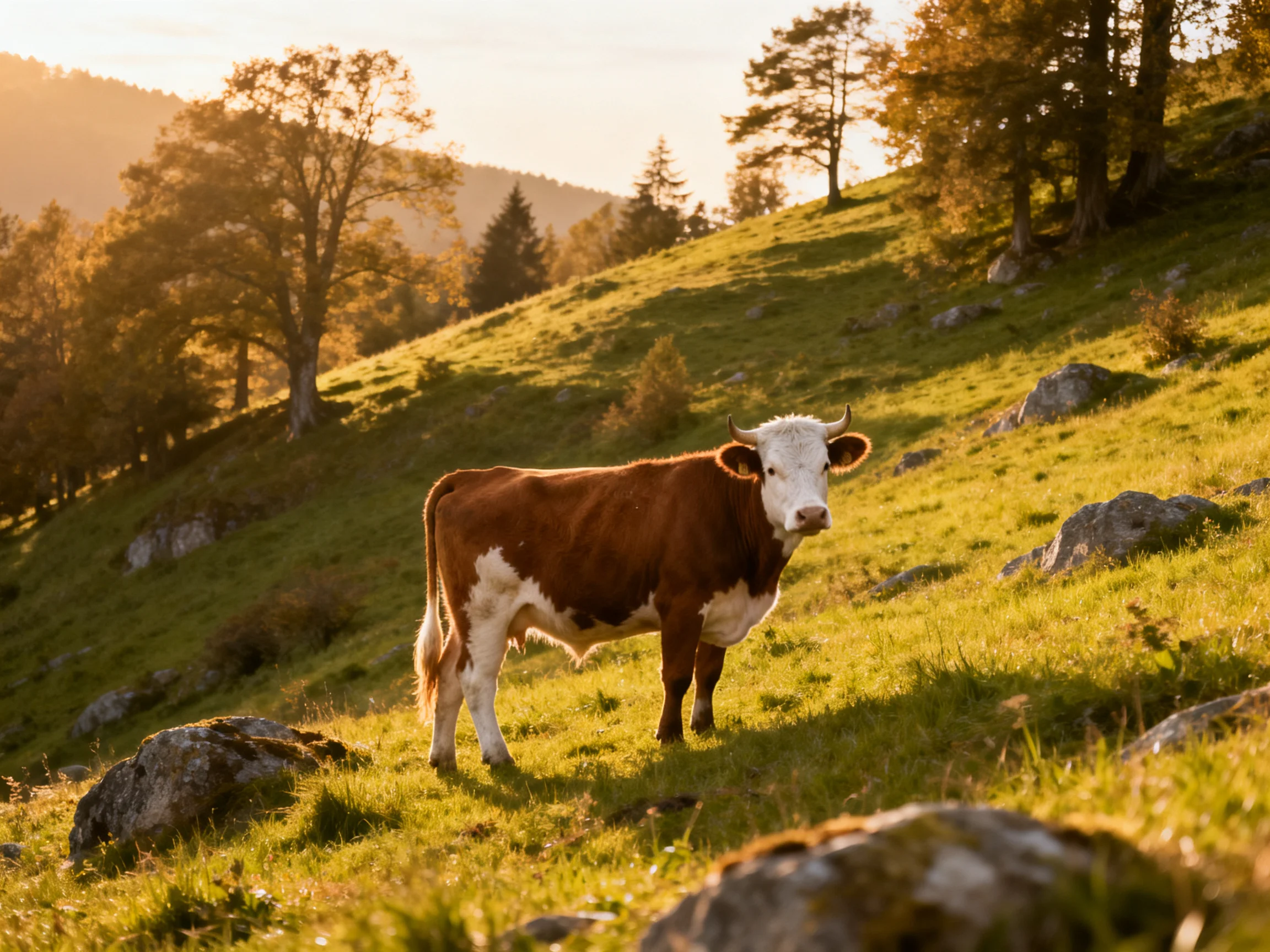 A brown-and-white cow stands on a sunlit grassy hillside near rocks and trees