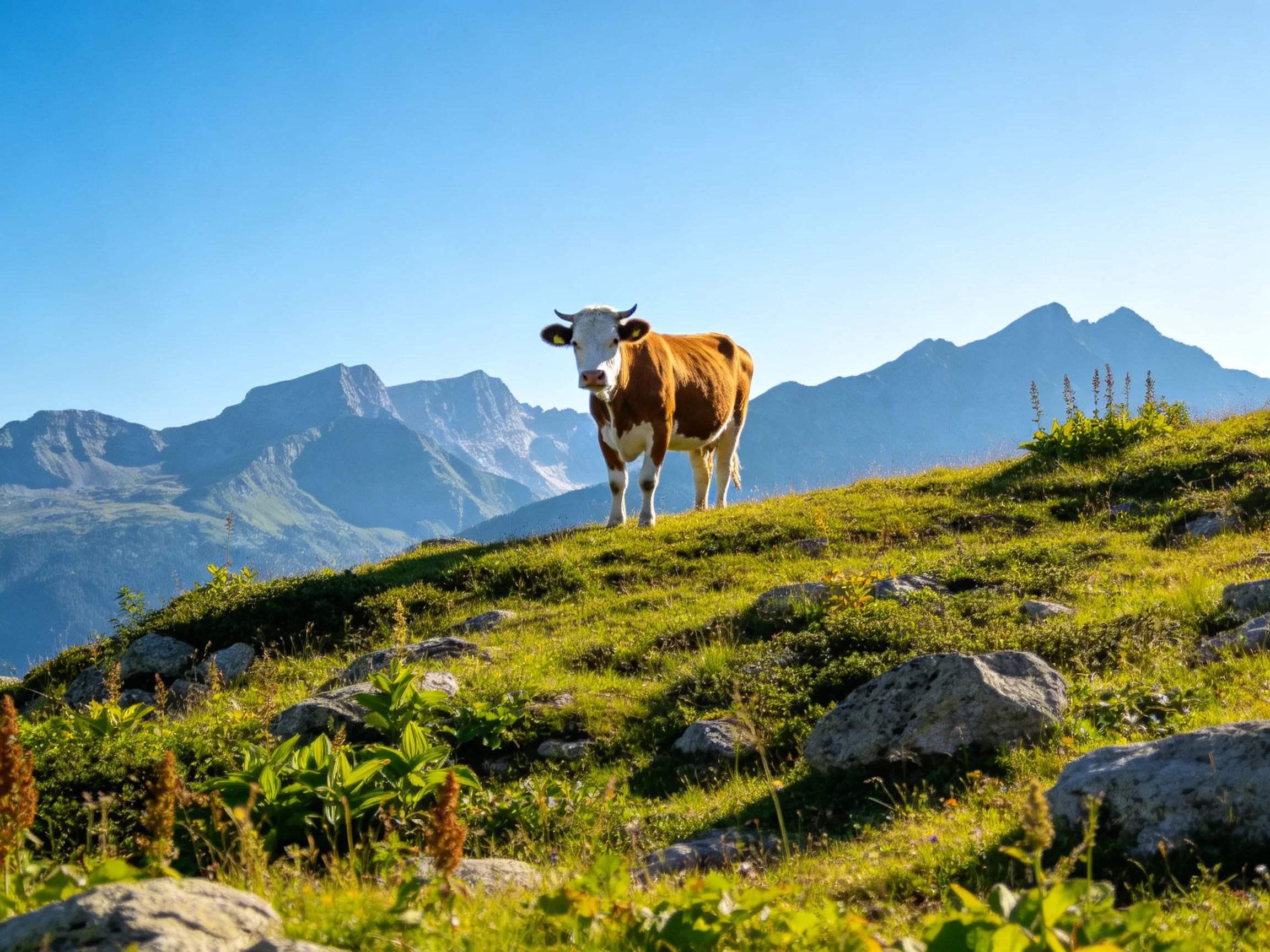 A brown and white cow on a verdant hillside with towering mountains