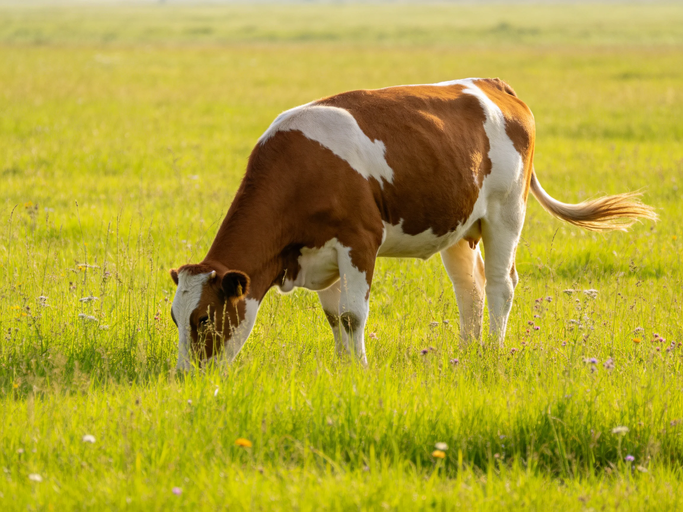 A brown and white cow peacefully grazes in a lush green meadow