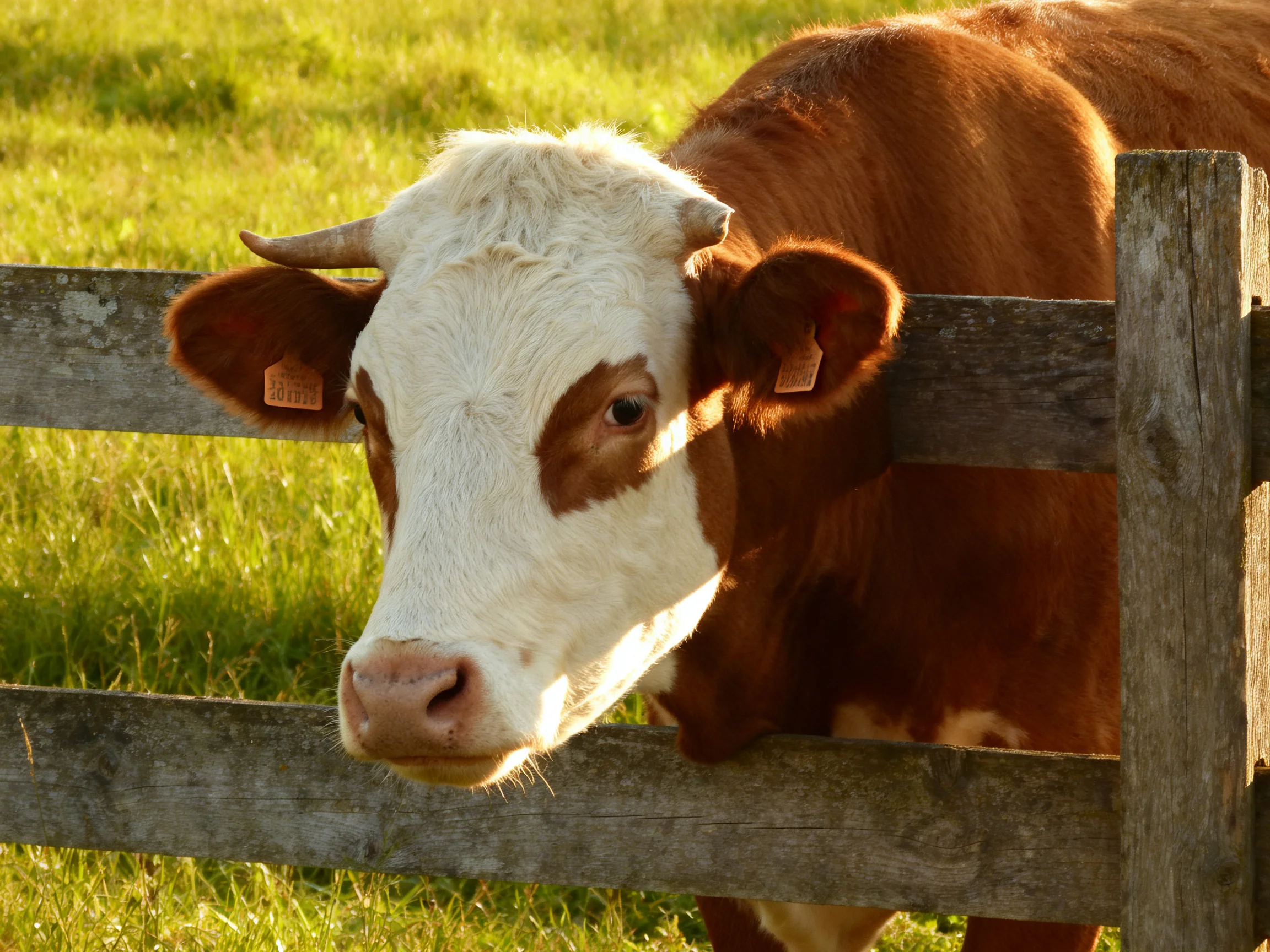 A brown and white cow peeks over a weathered wooden fence in a sunny pasture