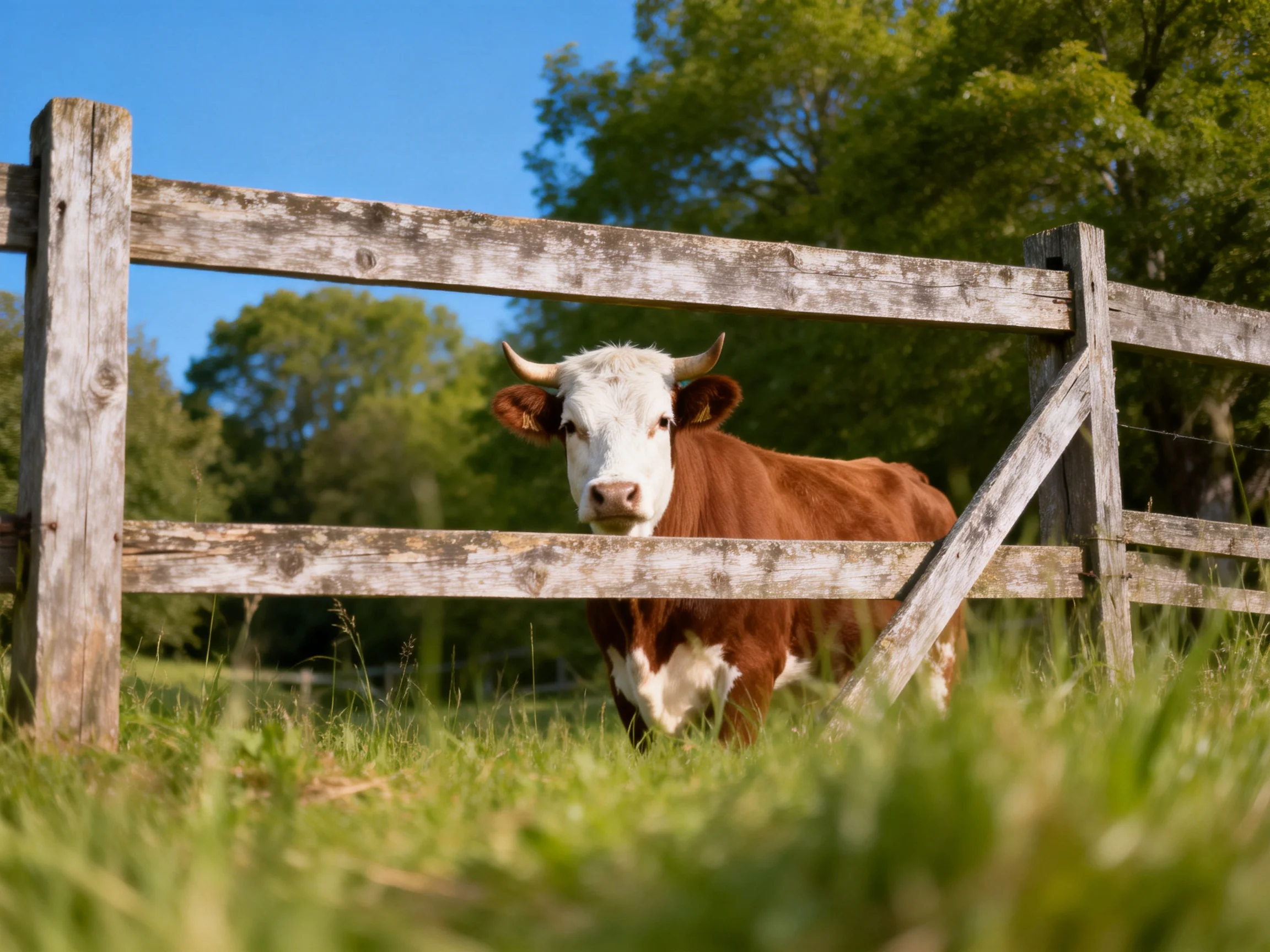 A brown and white cow peeks through an aged wooden fence in a sunlit pasture