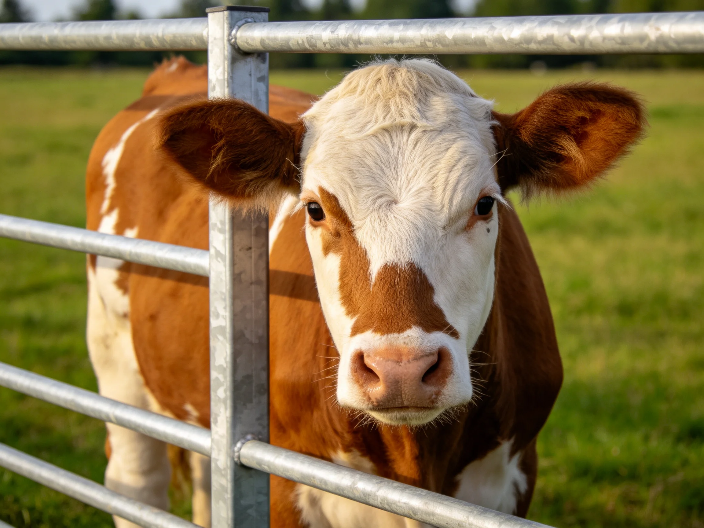 A brown and white cow peeks through metal fence rails in a lush green pasture