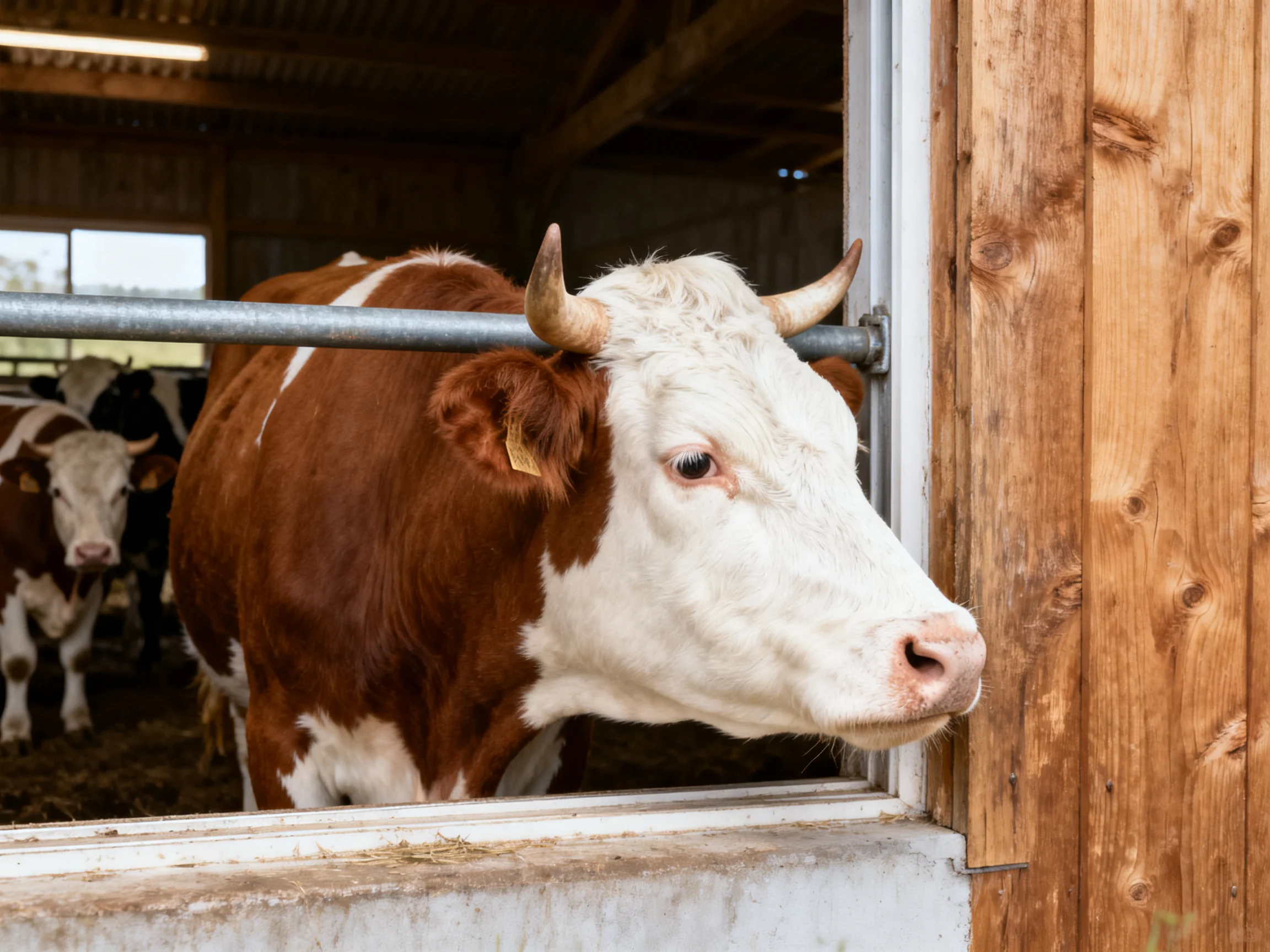 A brown and white cow peers from a wooden barn doorway