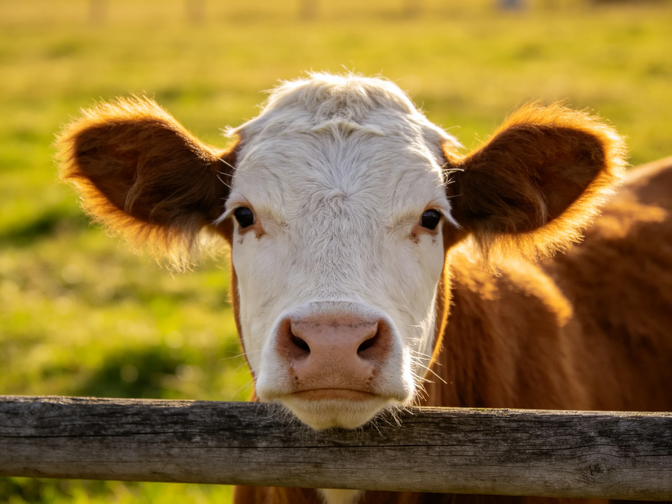 A brown and white cow peers over a wooden fence into a sunlit pasture