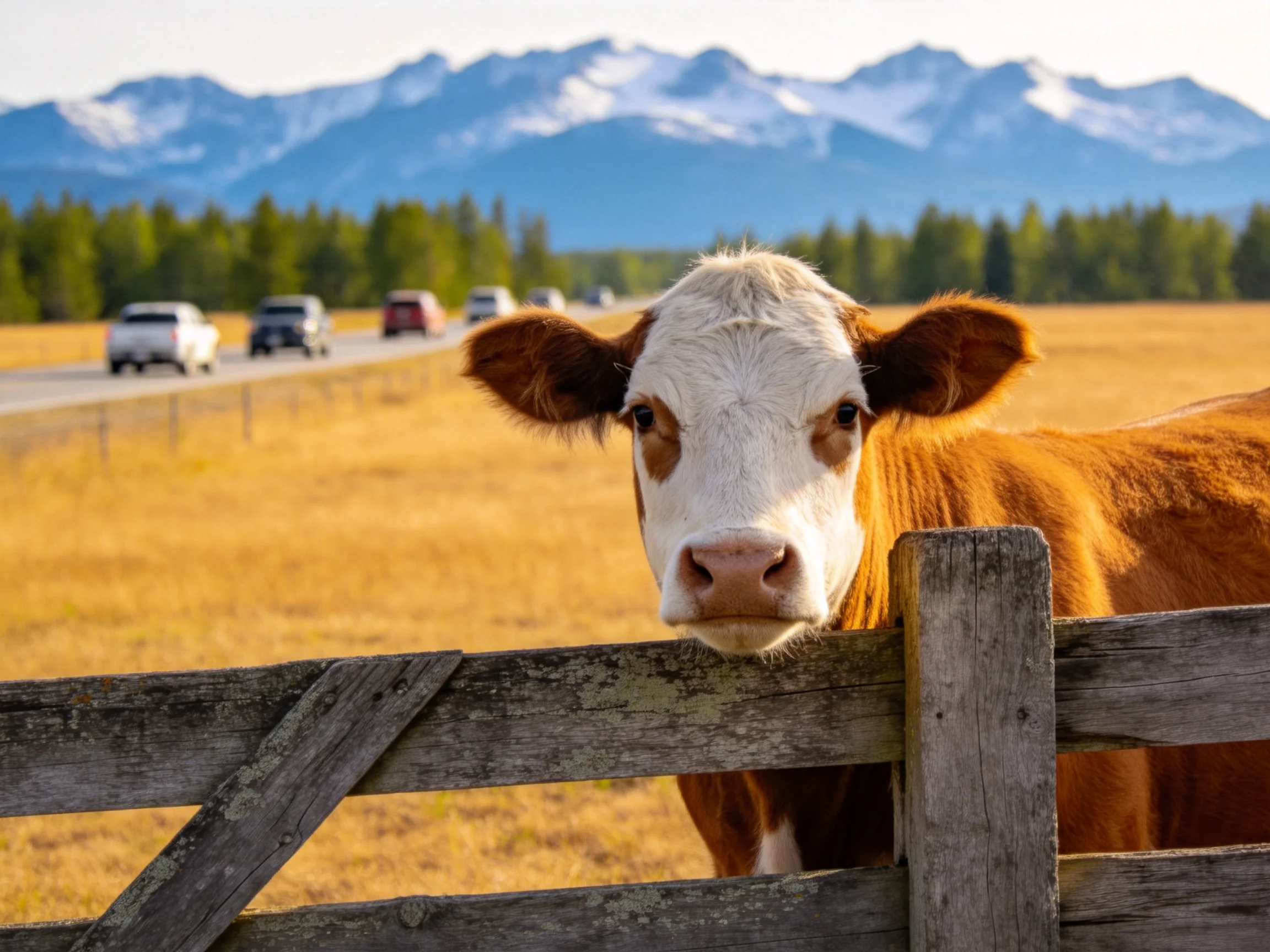 A brown and white cow peers over a wooden fence near golden fields