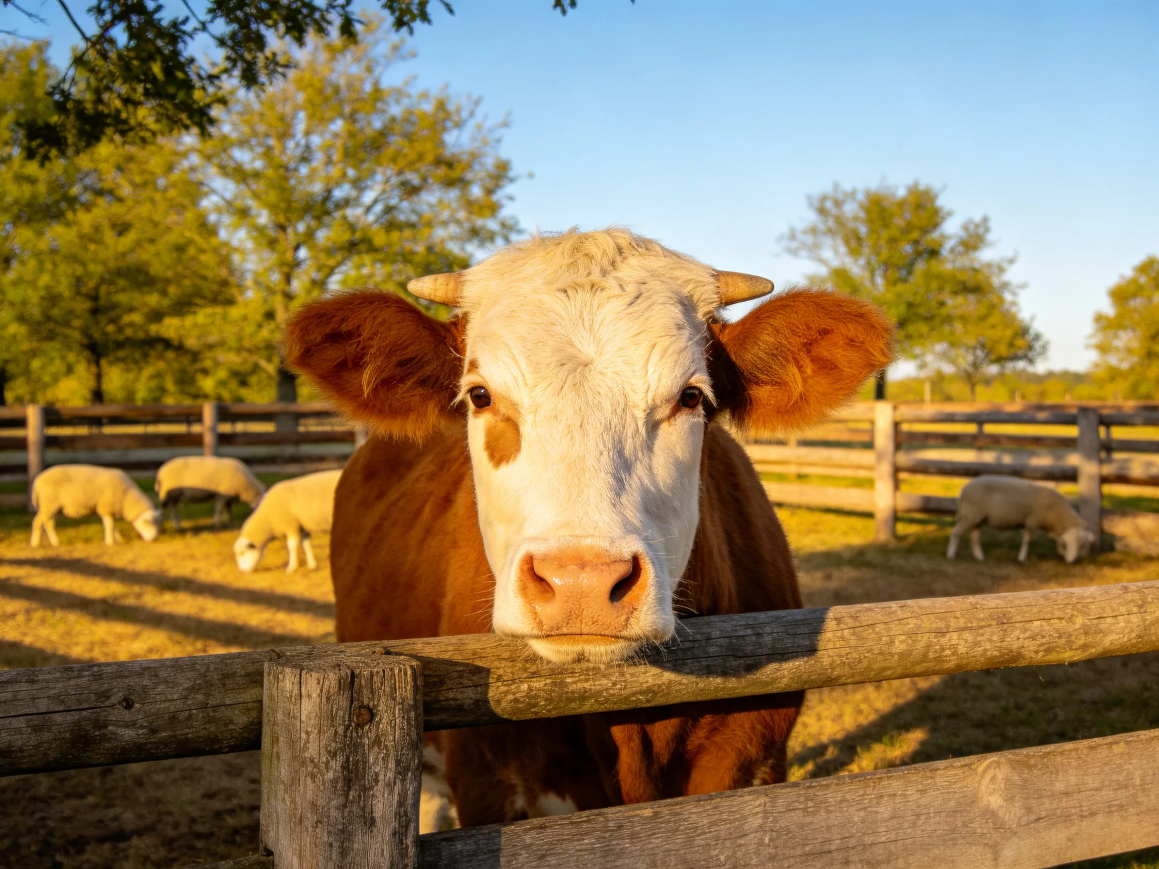 A brown-and-white cow peers over a wooden fence near grazing sheep