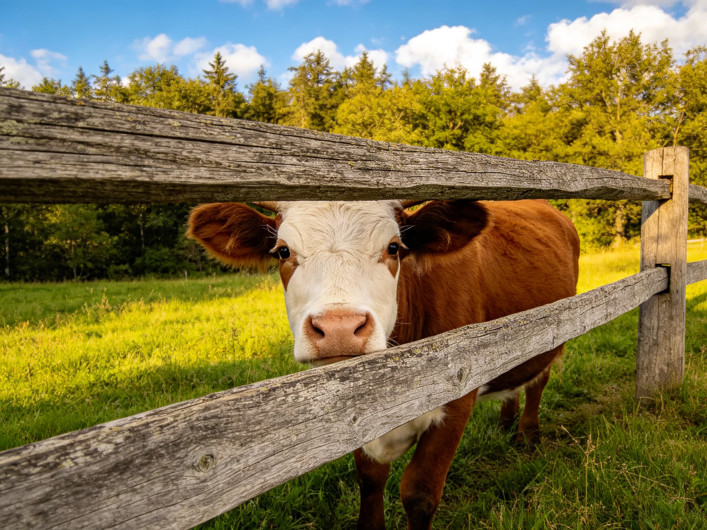 A brown and white cow peers through an aged wooden fence in a sun-drenched meadow