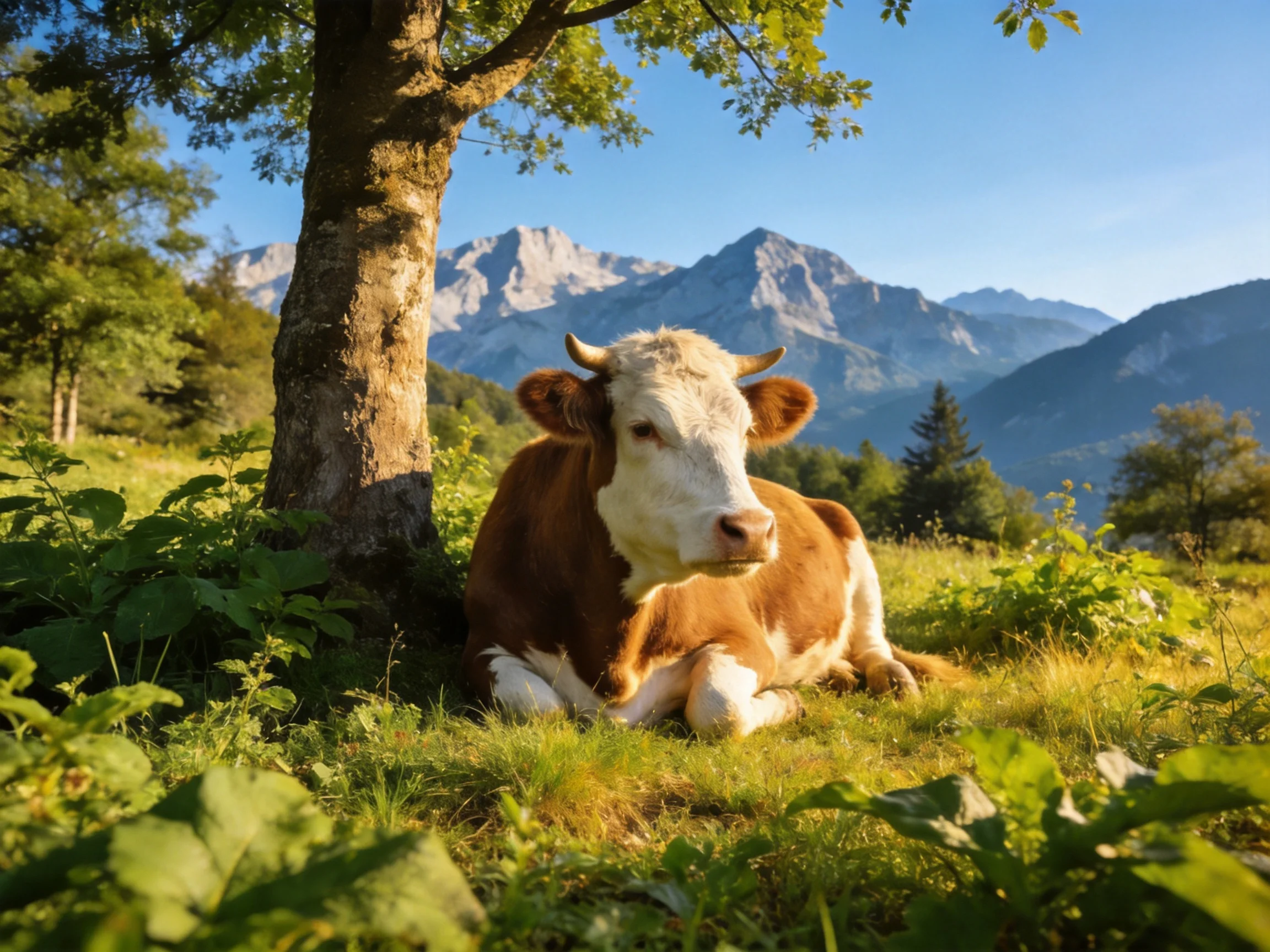 A brown and white cow resting by a large tree with mountainous backdrop