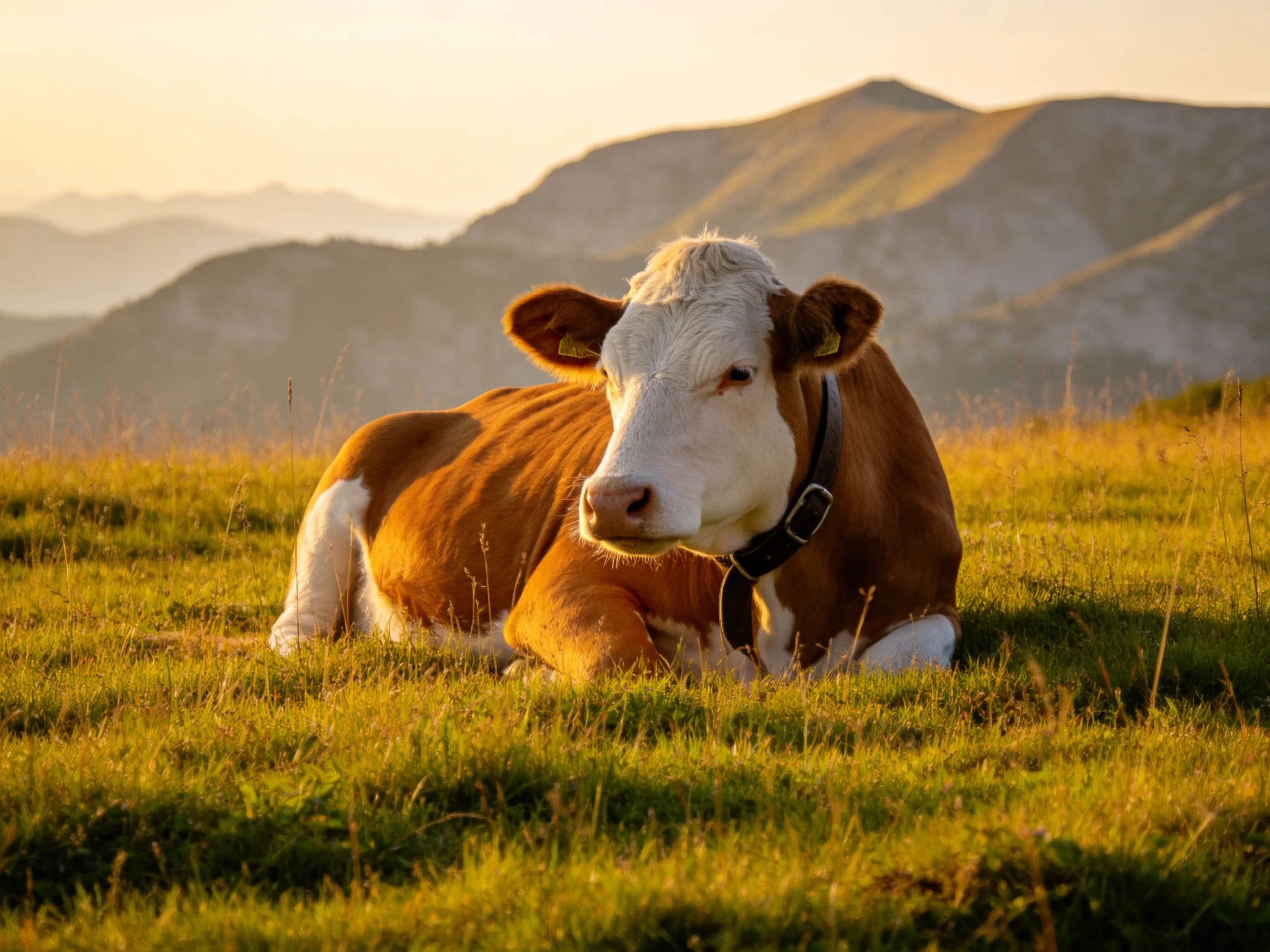 A brown and white cow rests in a golden meadow with misty mountains behind