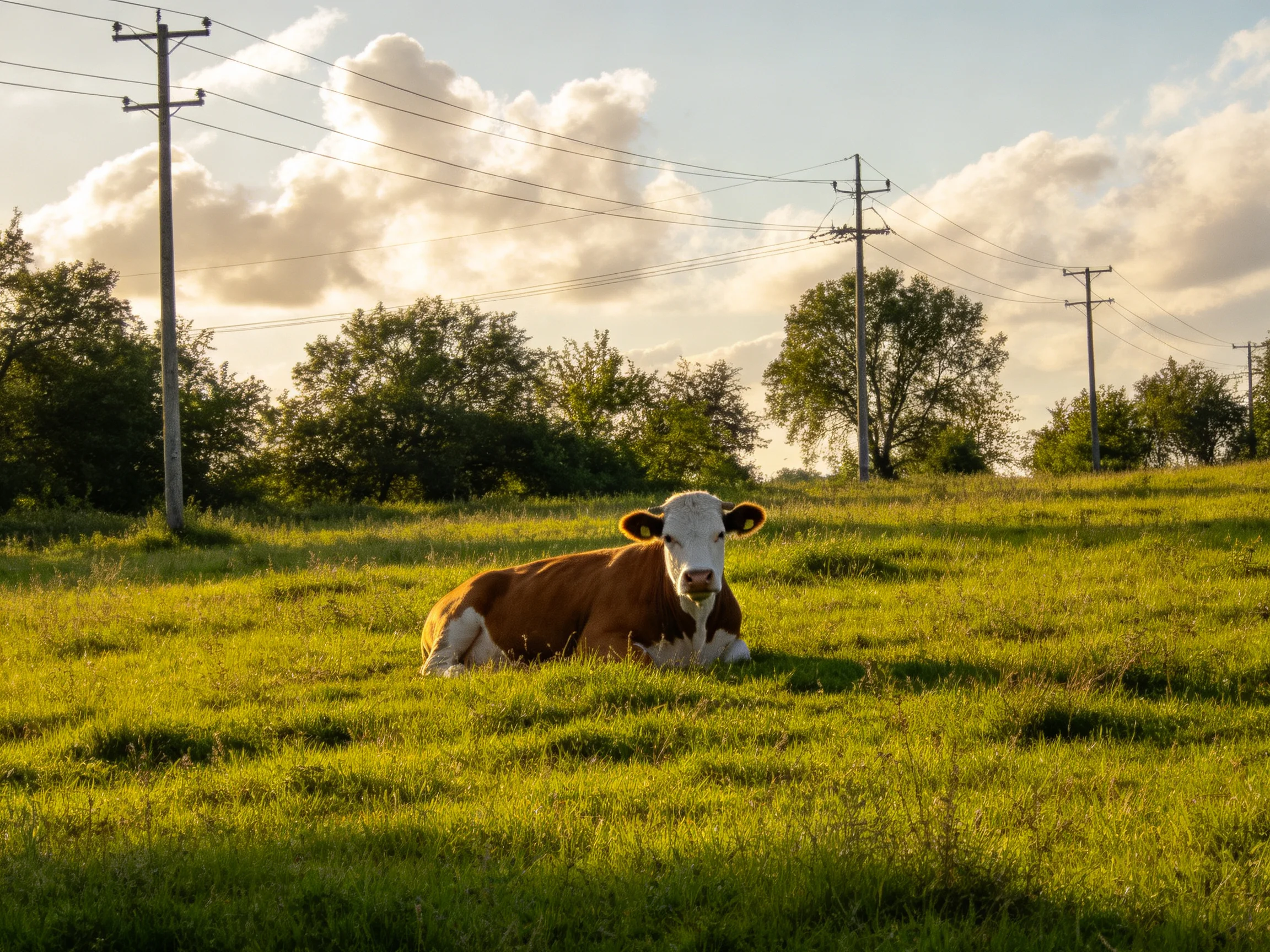 A brown and white cow rests in a sunlit green meadow with utility poles nearby.