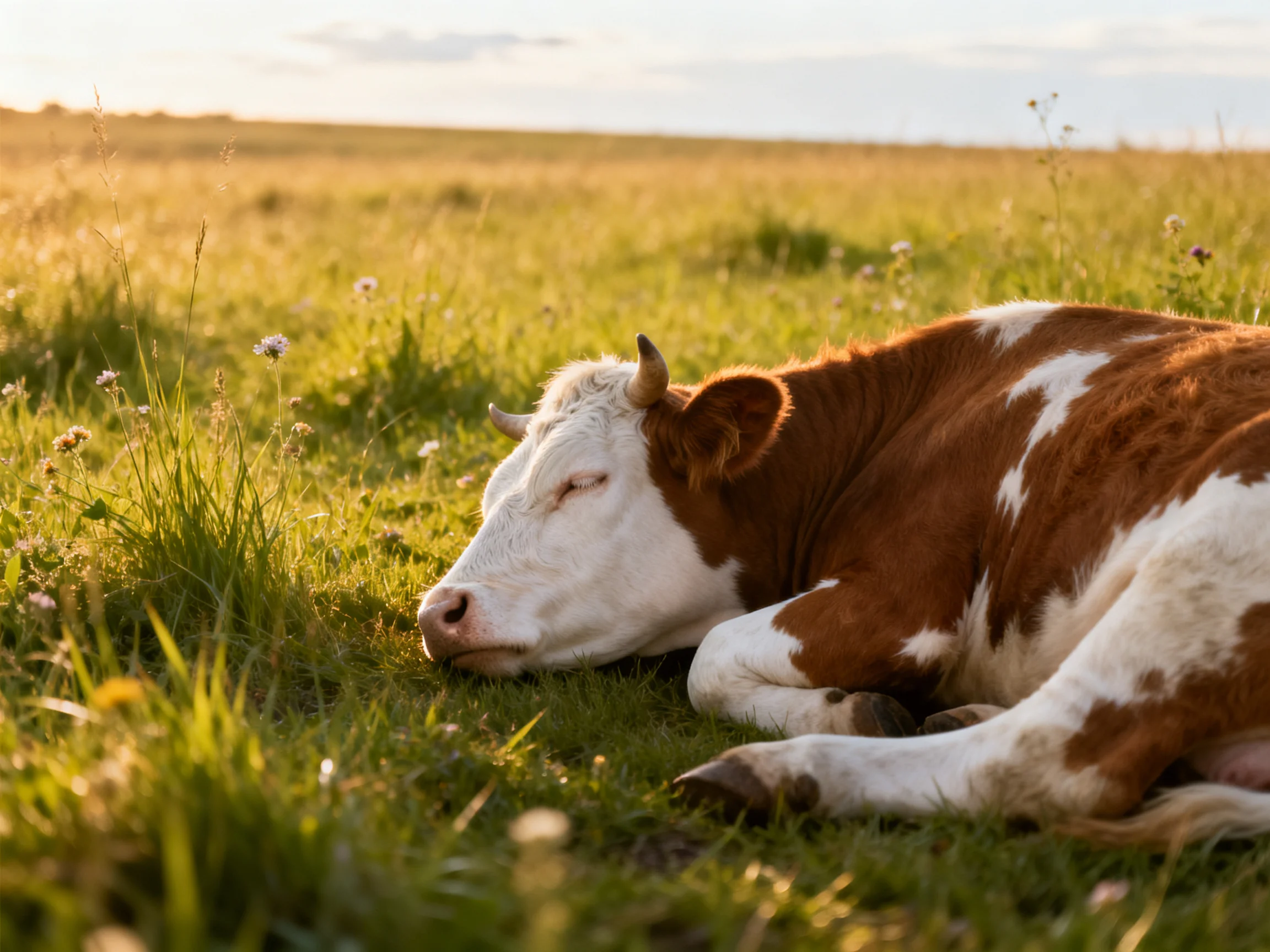 A brown and white cow sleeps peacefully in an expansive sunlit field.