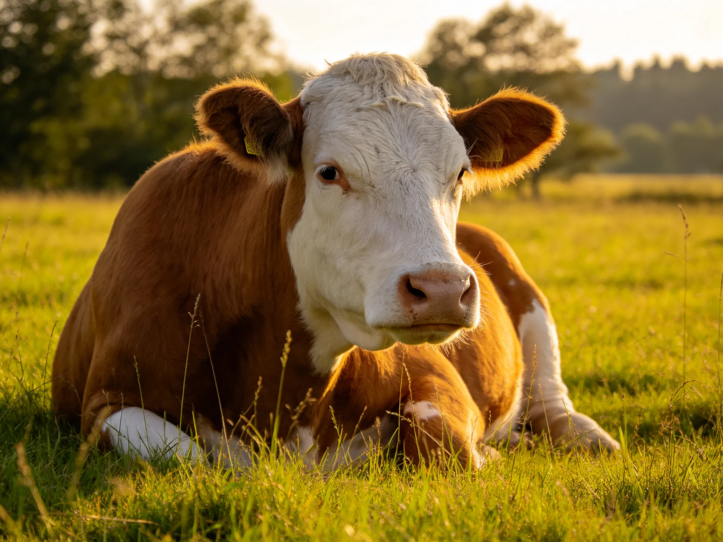 A brown and white cow rests in a sunlit grassy field.