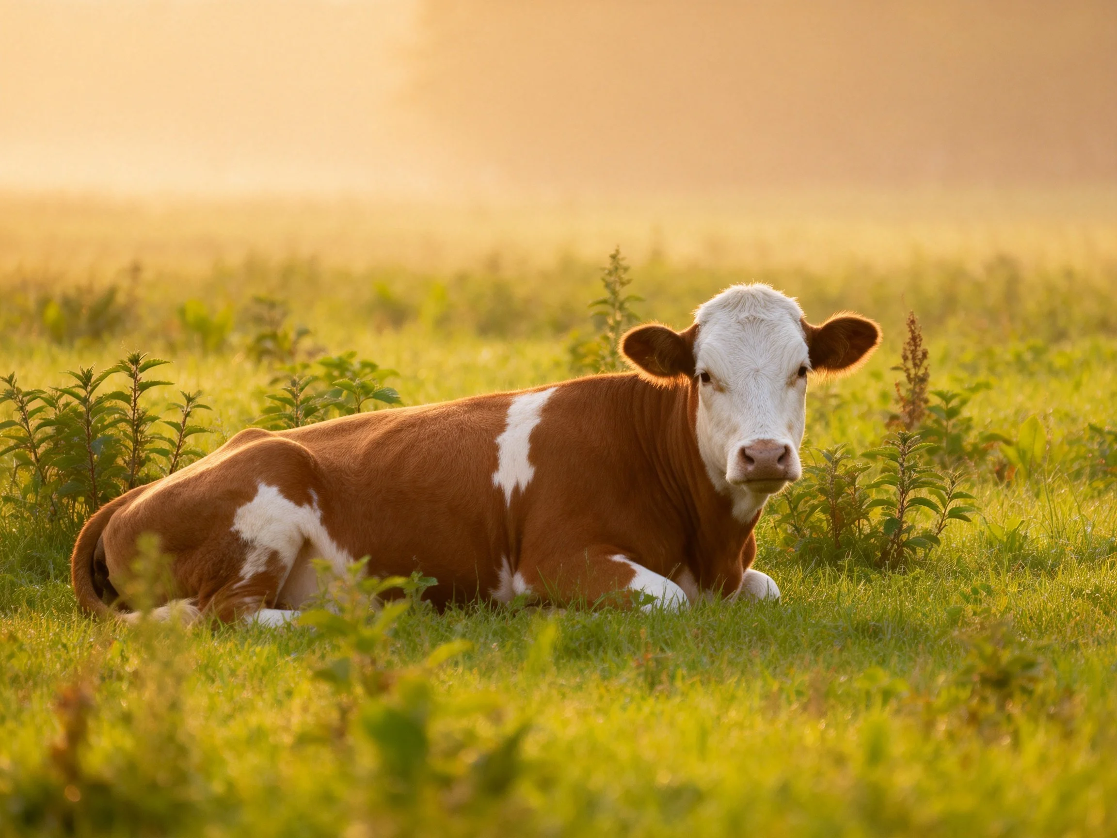 A brown and white cow rests peacefully in a sunlit meadow.