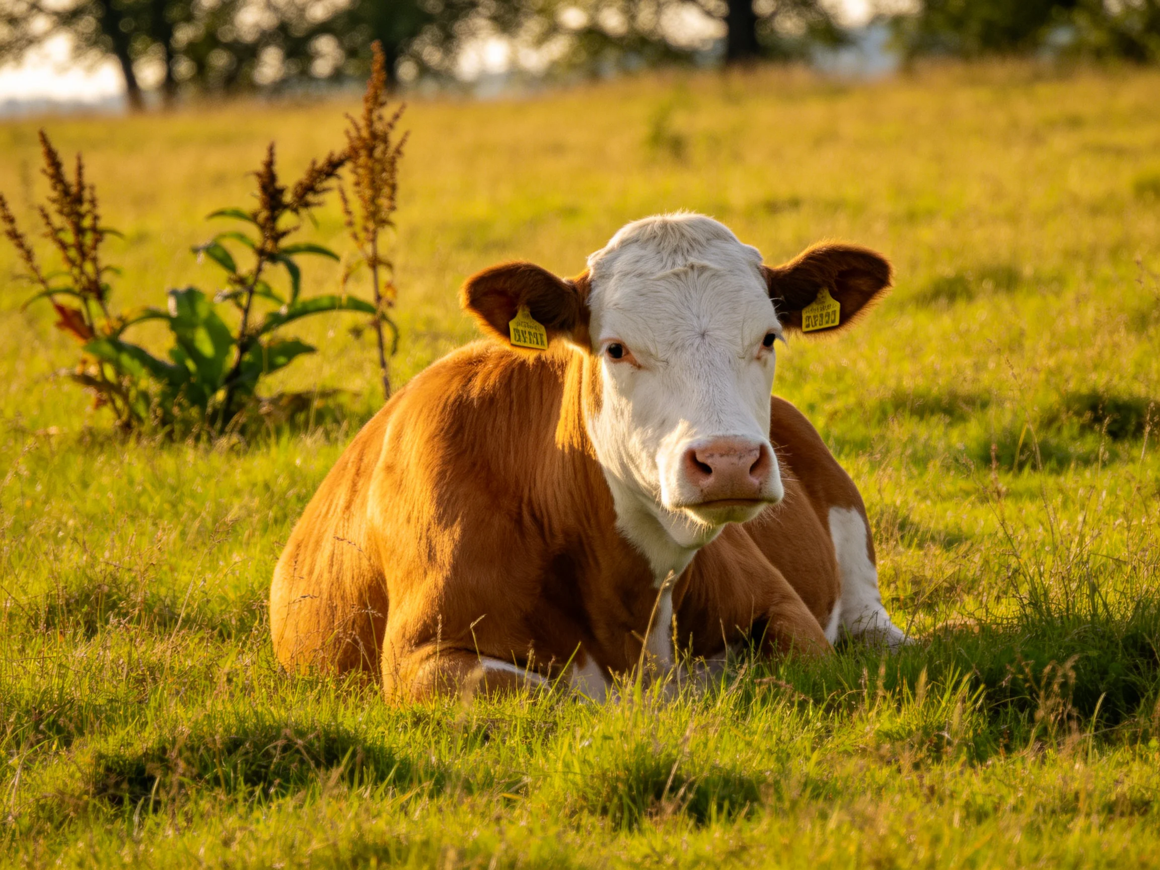 A brown and white cow lies calmly amidst tall green grass under bright sunlight.