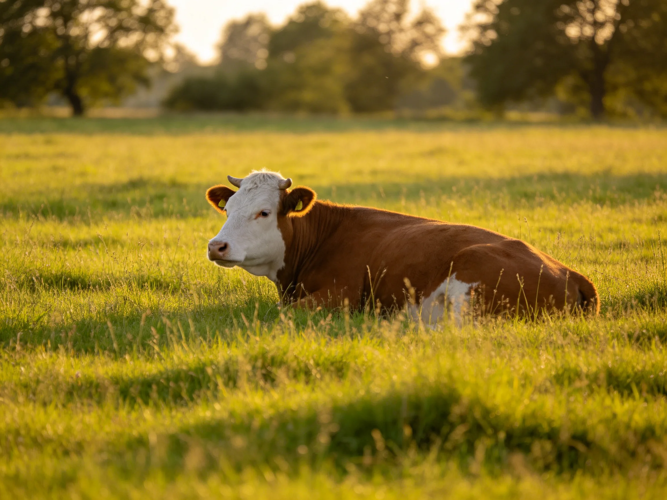 A brown and white cow rests in a sunlit grassy field.
