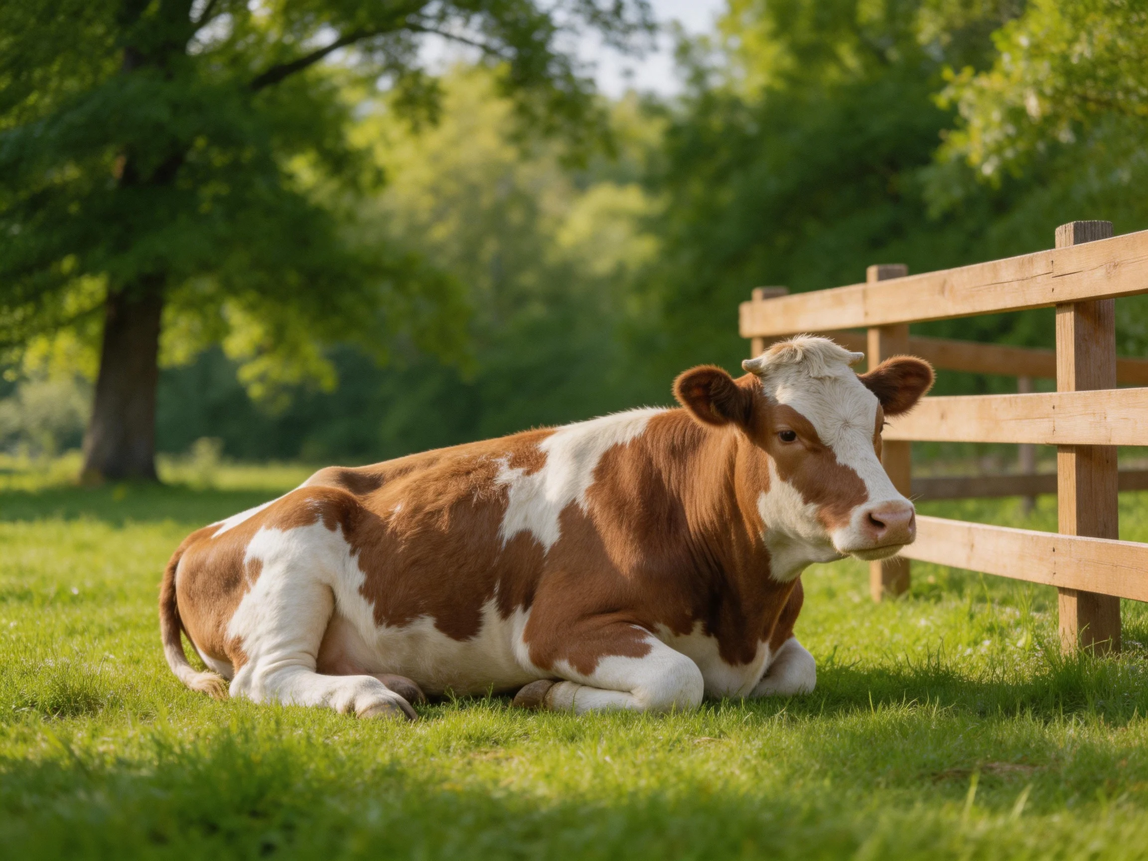 A brown and white cow resting near a wooden fence in a lush green field