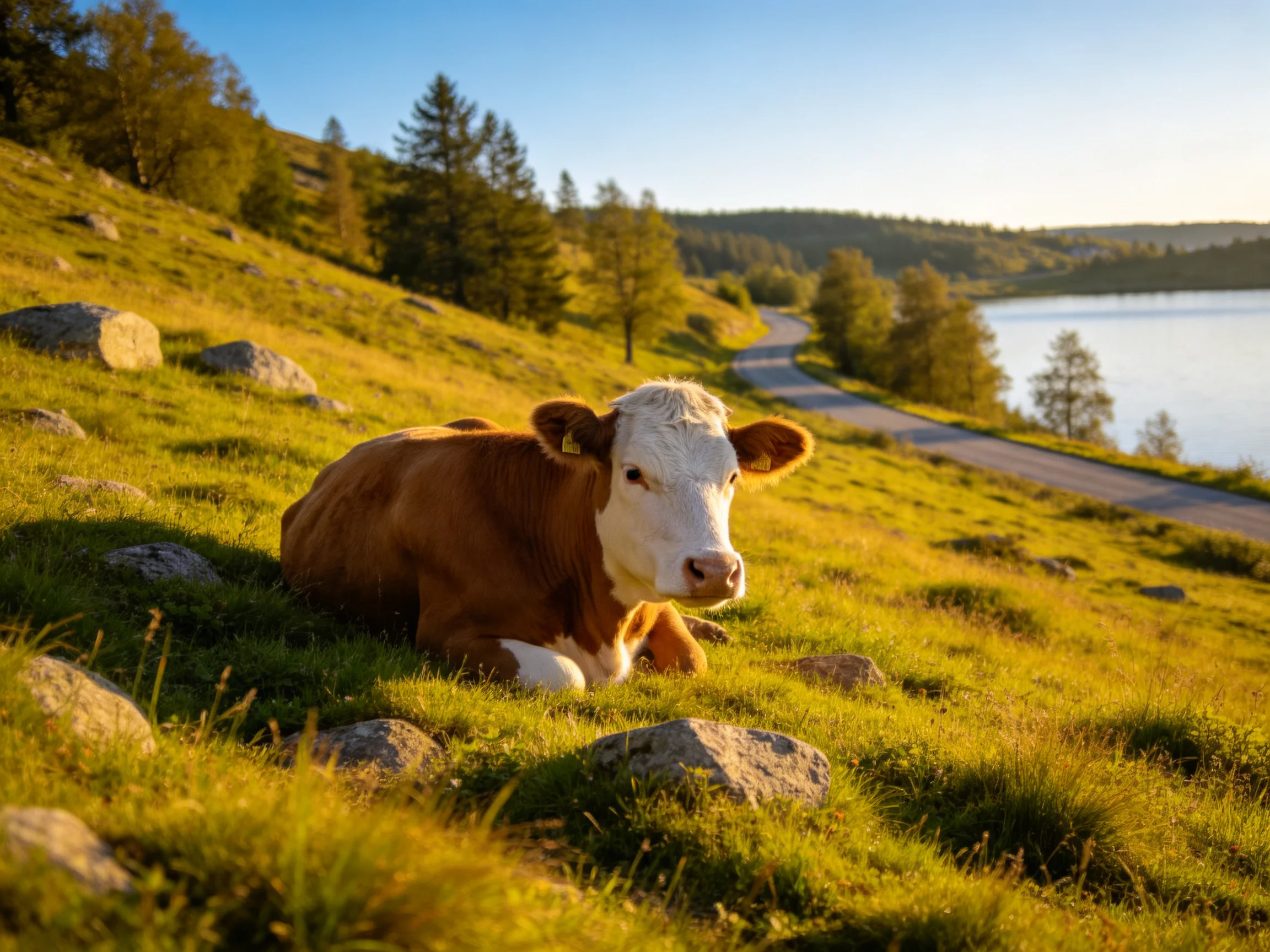 A brown and white cow resting on a sunlit grassy hillside near a winding road
