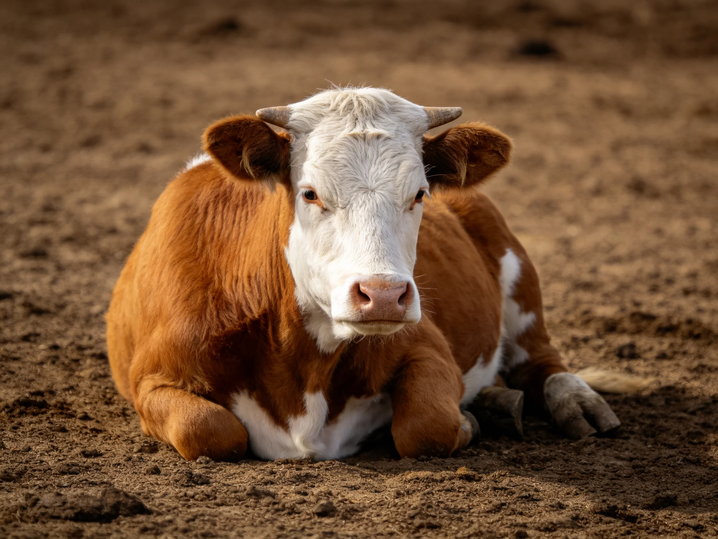 A brown and white cow resting on dusty ground