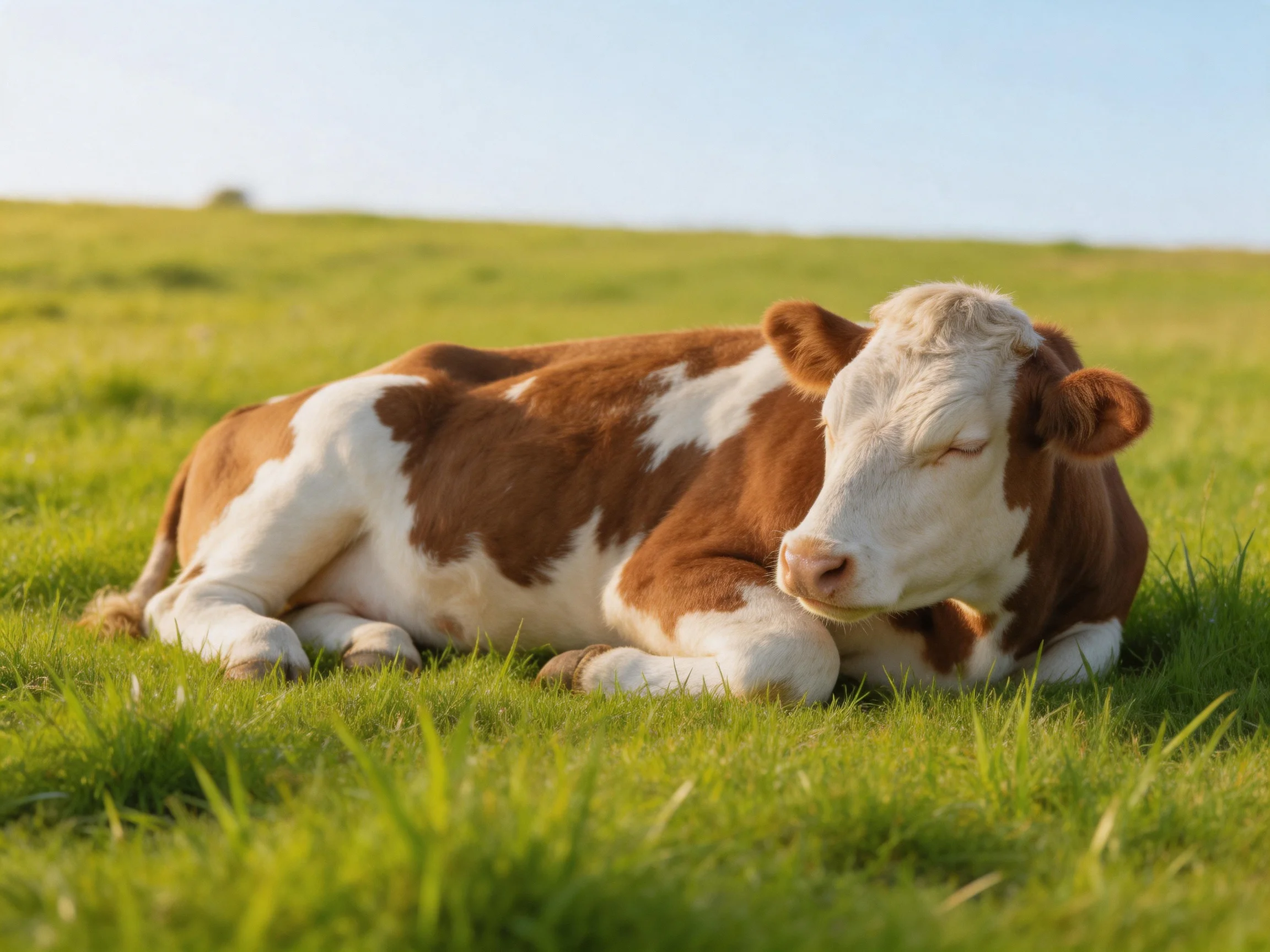 A brown and white cow resting on lush green grass in an open field