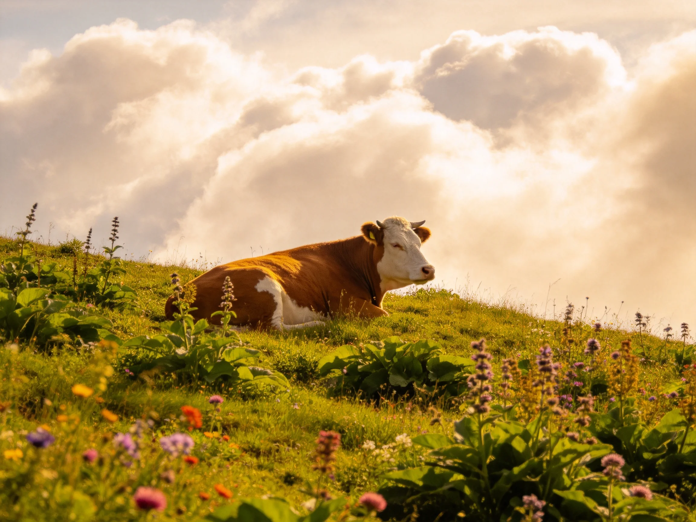 A brown and white cow rests among colorful wildflowers on a sunlit hillside