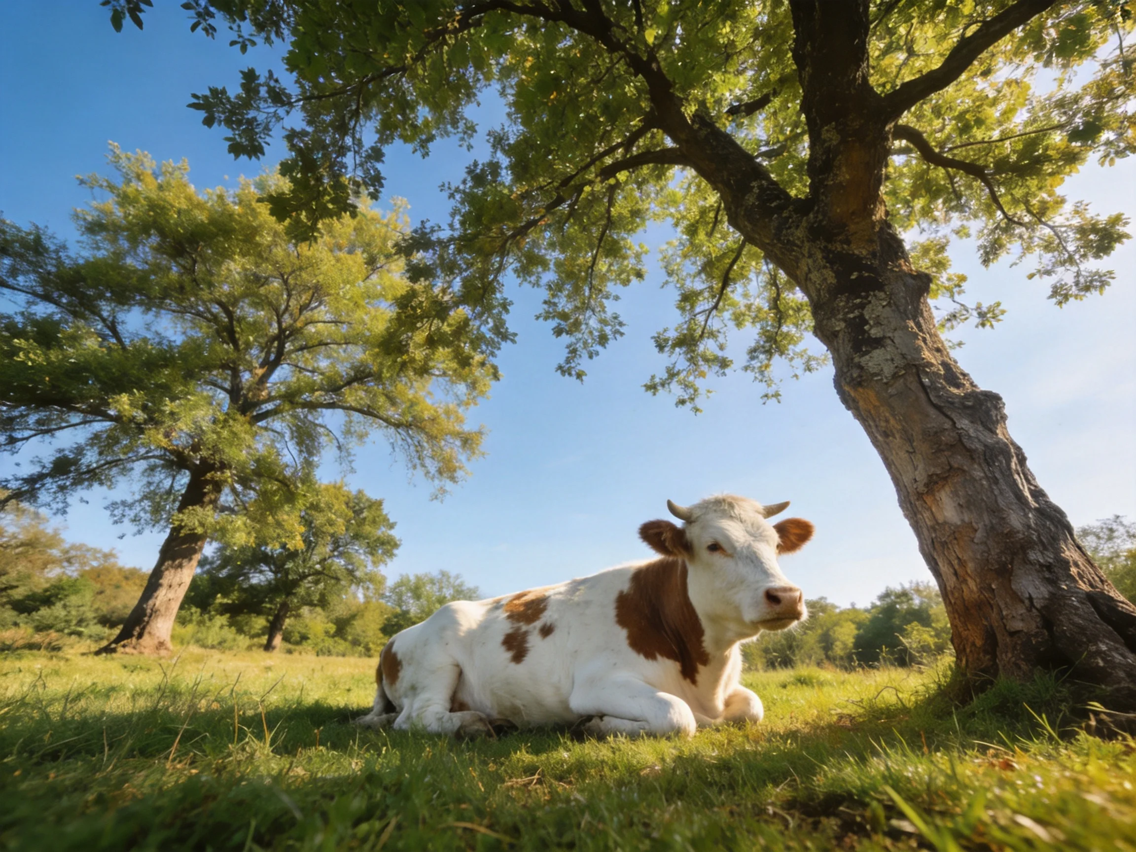 A brown-and-white cow rests beneath large green trees in sunlit meadow
