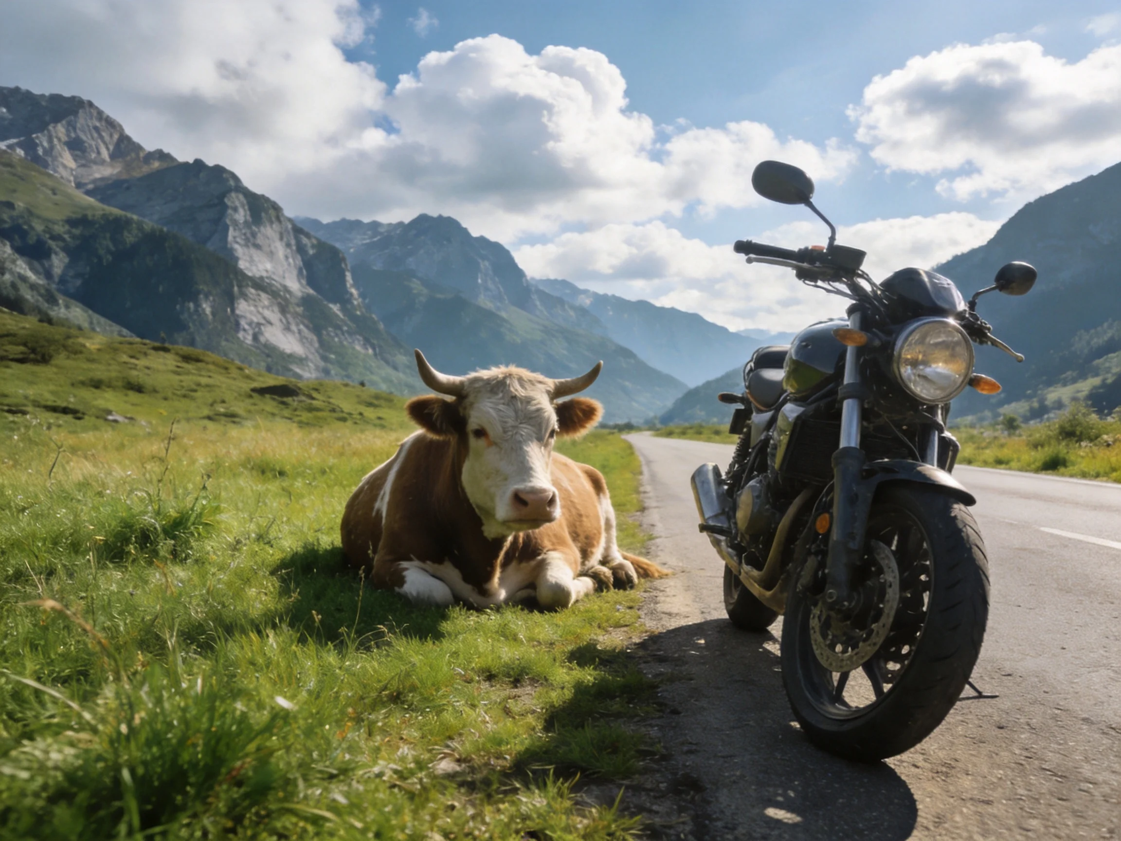 A brown and white cow rests beside a black motorcycle on a mountain road
