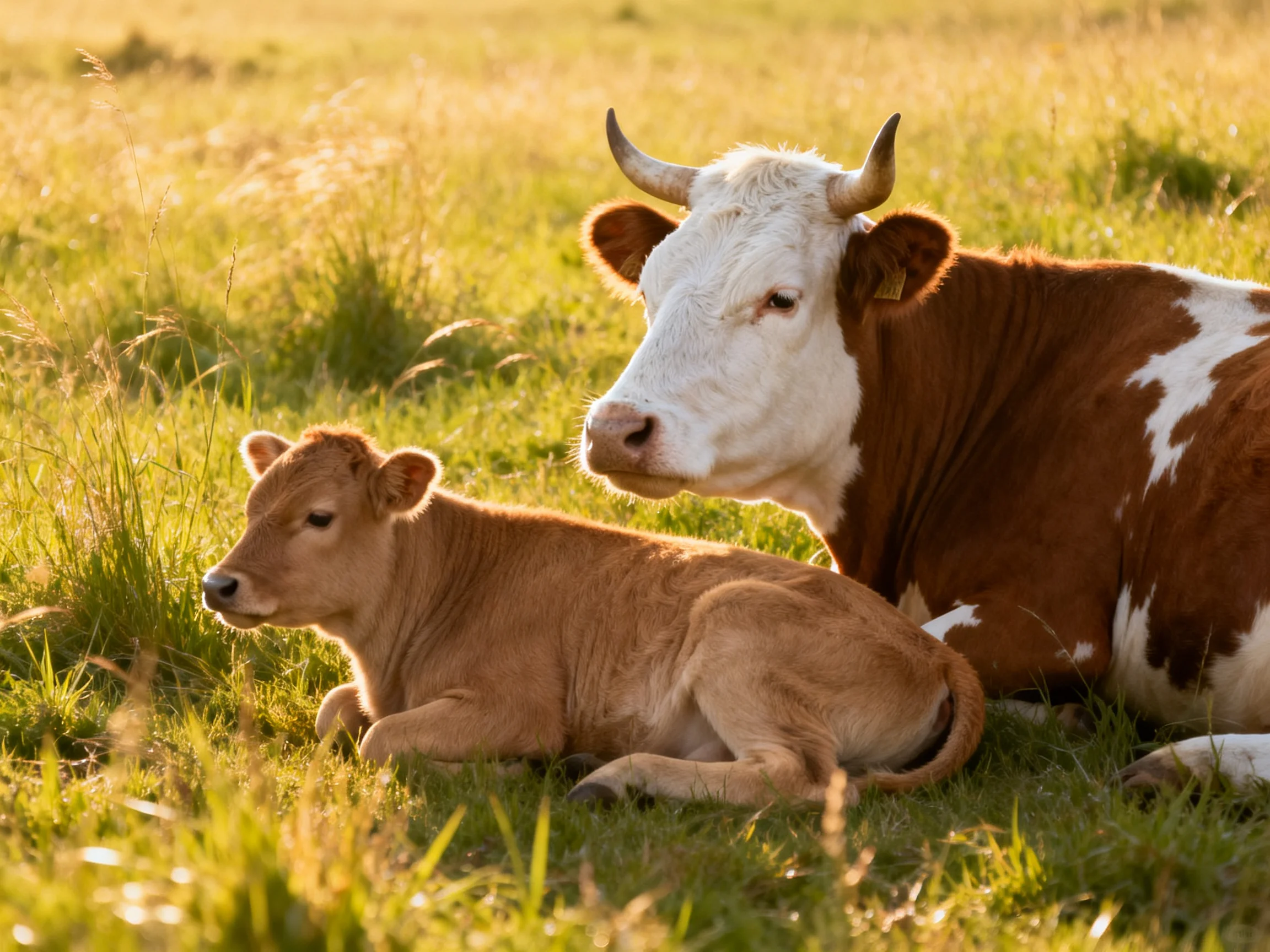 A brown and white cow rests beside a tan calf in a sunlit meadow