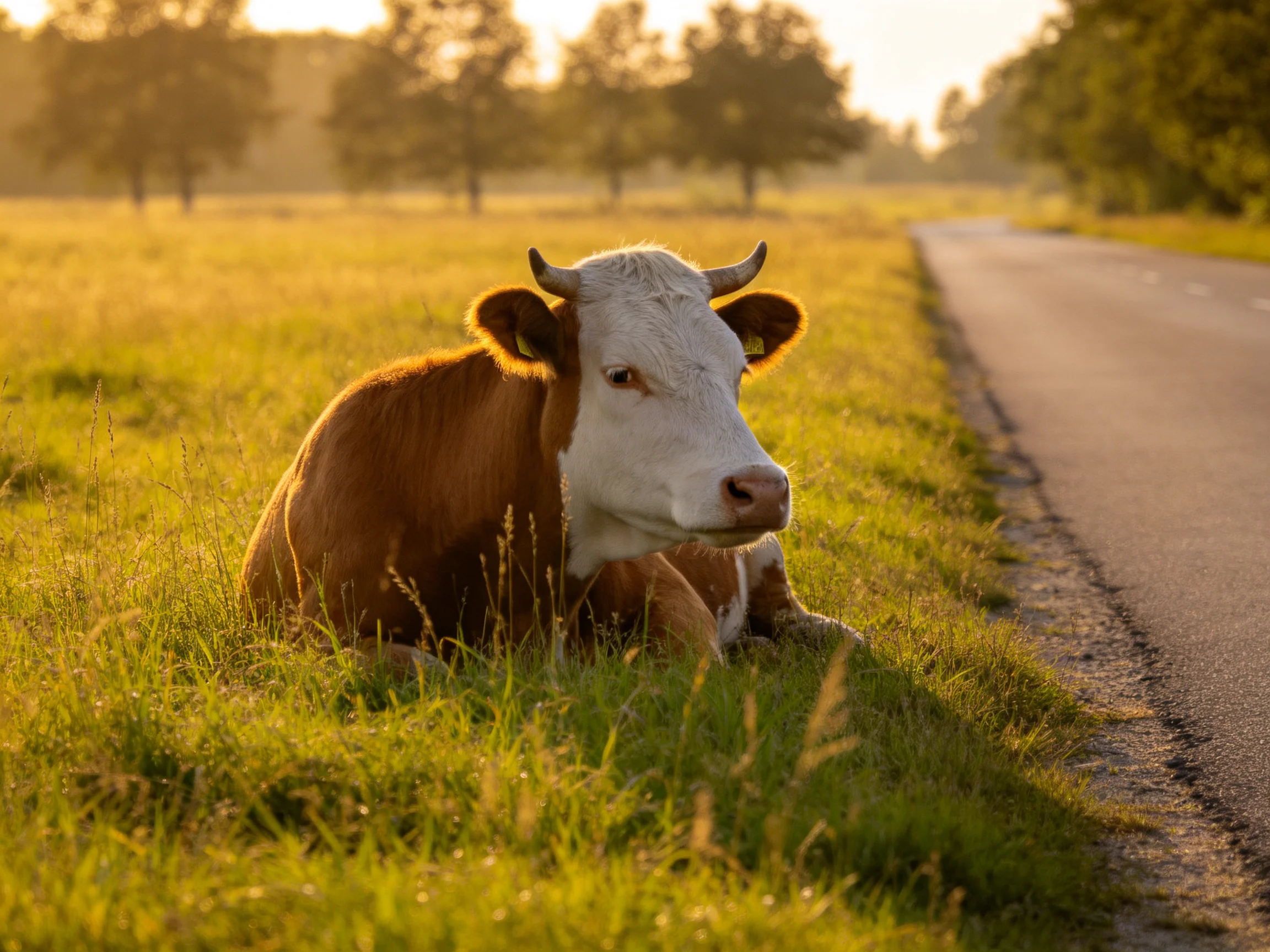 A brown-and-white cow rests by a roadside in golden grassland