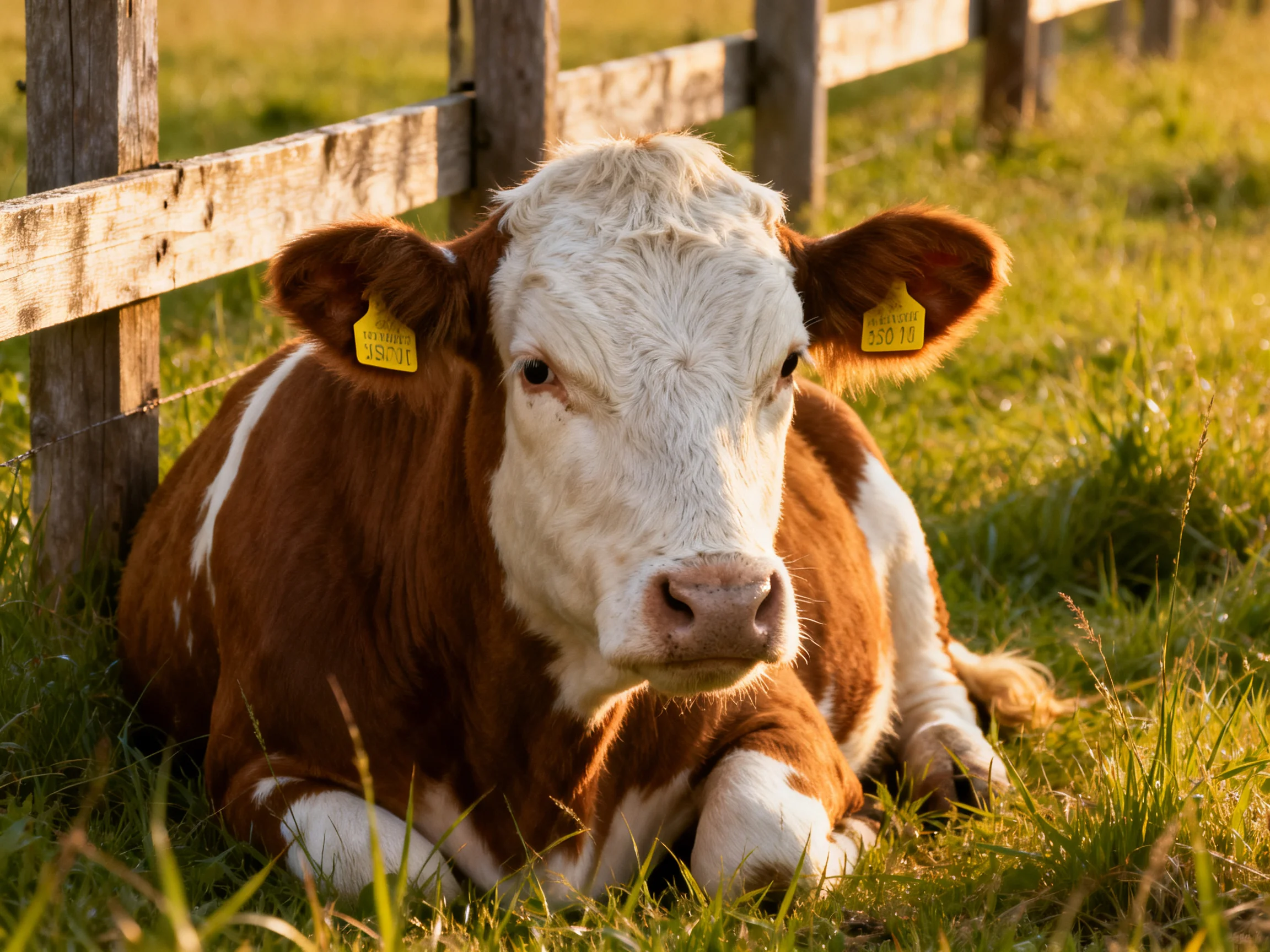 A brown and white cow rests by a weathered wooden fence in a sunlit field