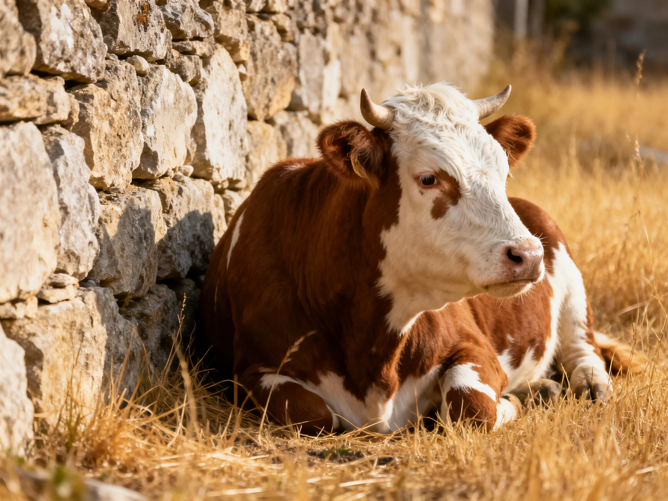 A brown and white cow rests by an ancient stone wall in golden grass