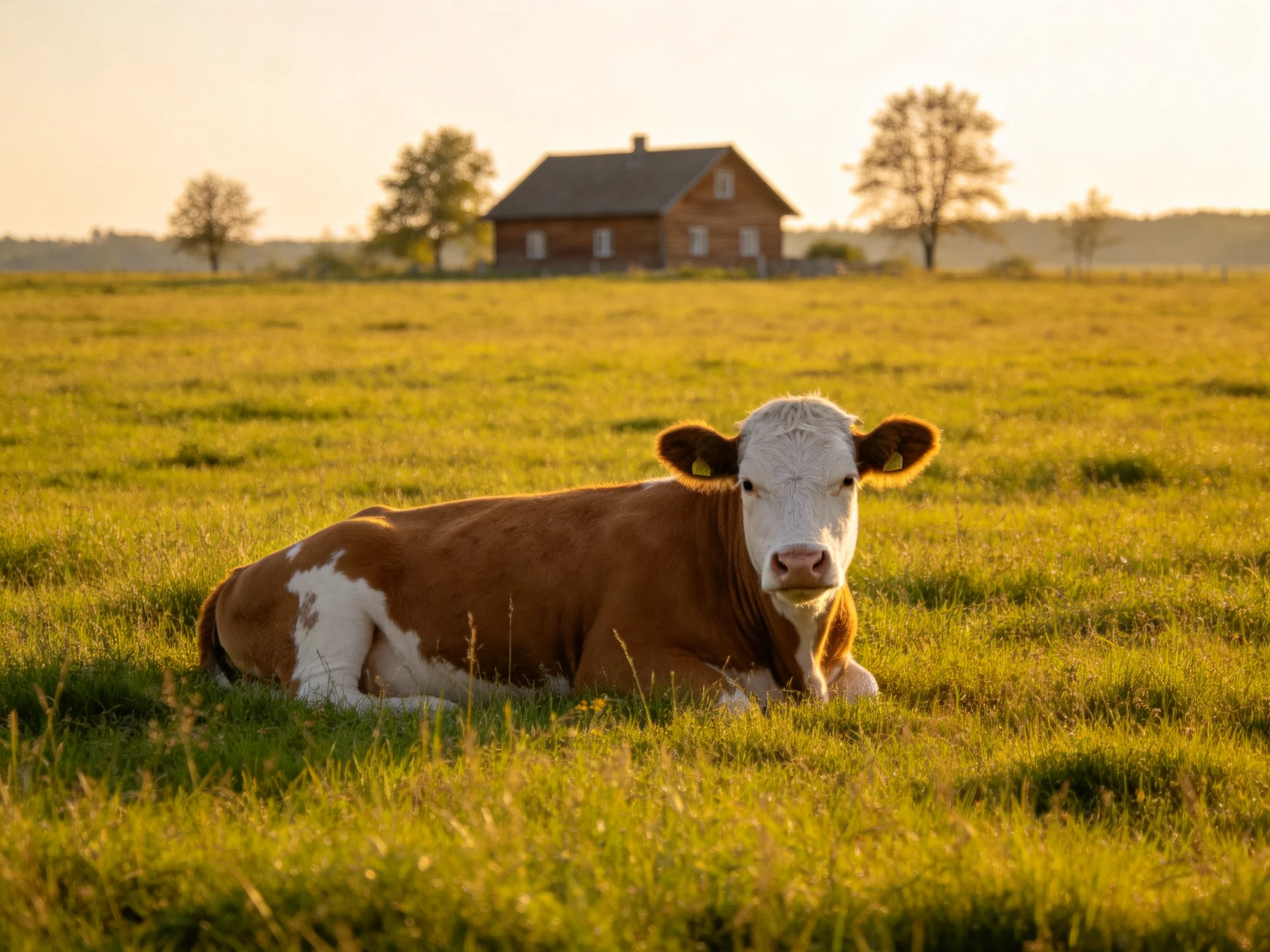 A brown and white cow rests in a golden field near a rustic wooden farmhouse