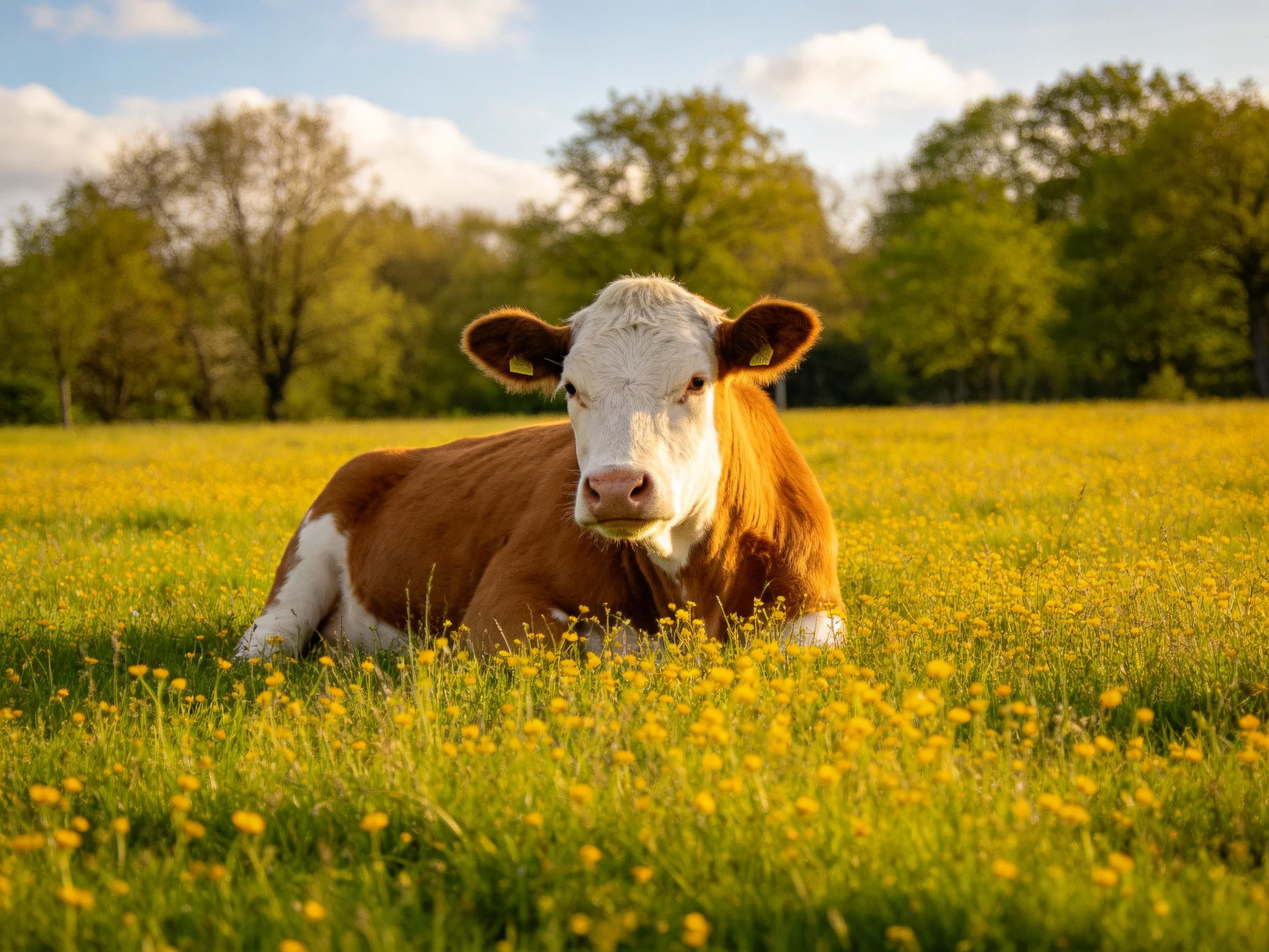 A brown and white cow rests in a golden flower-filled meadow near lush trees