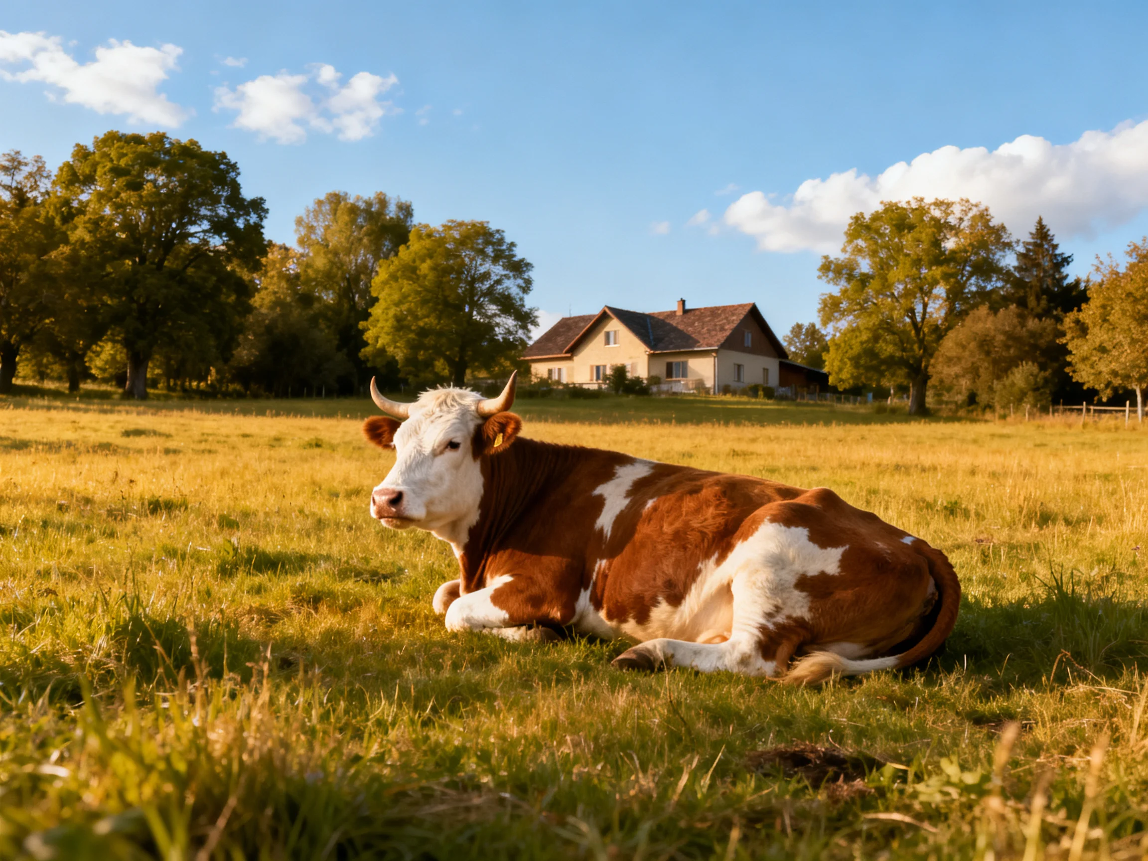 A brown and white cow rests in a golden meadow near a stone farmhouse
