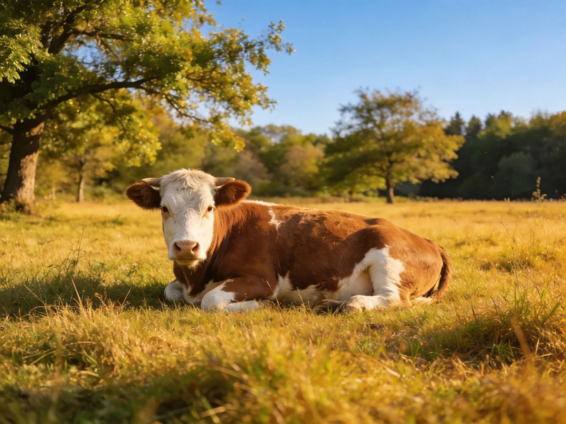 A brown and white cow rests in a golden meadow near green trees