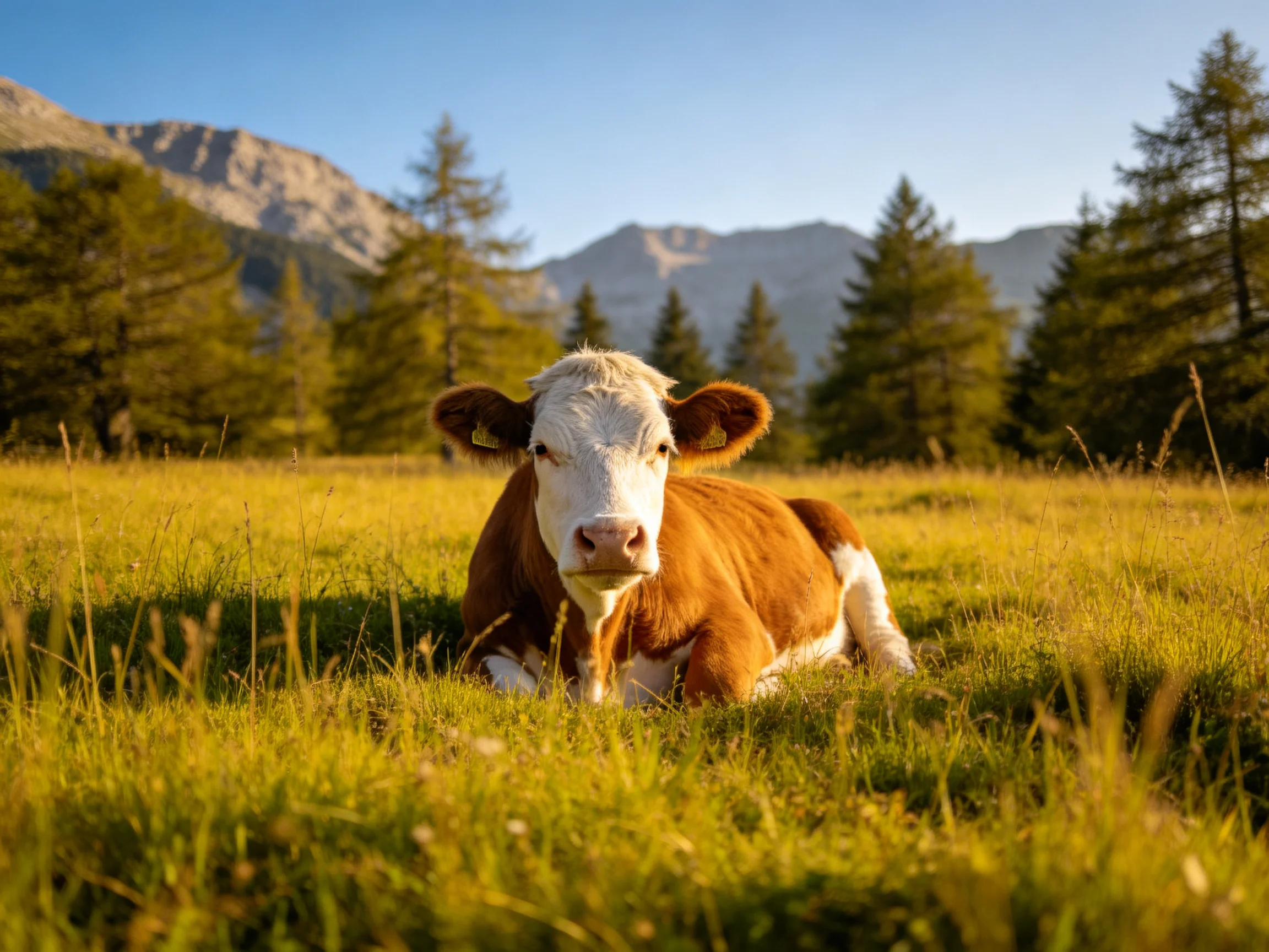 A brown and white cow rests in a golden meadow near pine trees and mountains